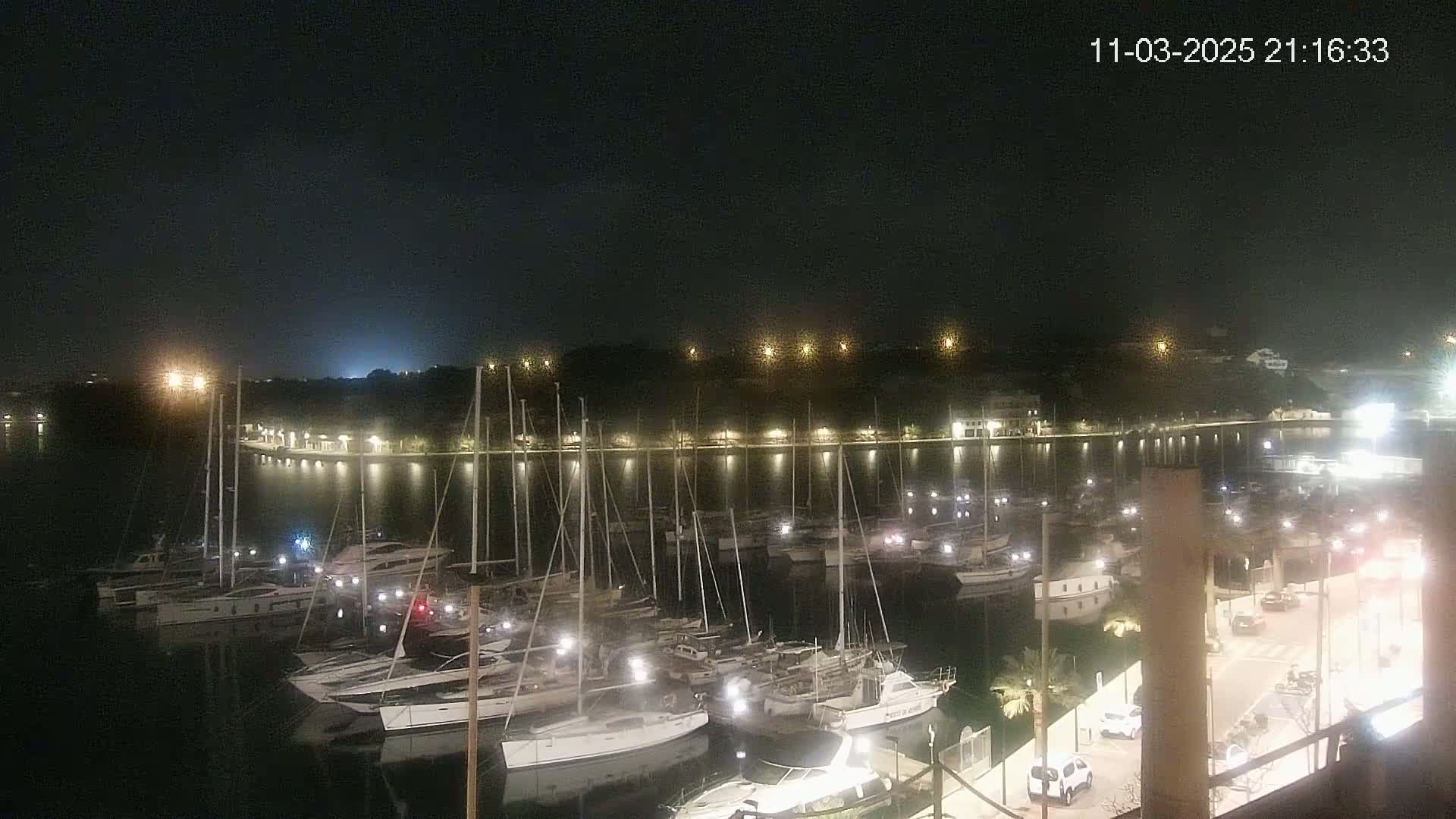 A nighttime view of a marina filled with sailboats and motorboats, with a shoreline lined with lights visible in the background under a clear sky.