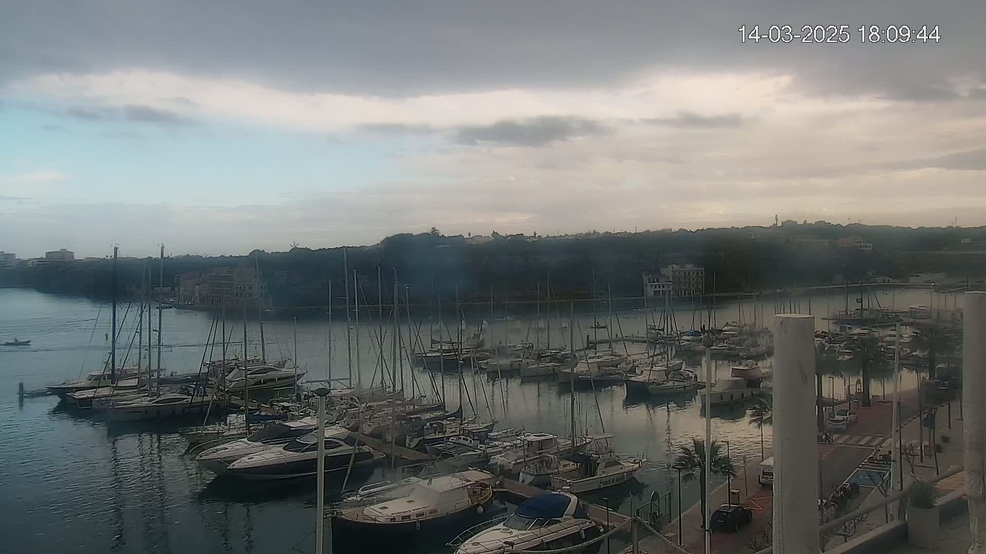 A harbor filled with sailboats and motorboats under a cloudy sky.