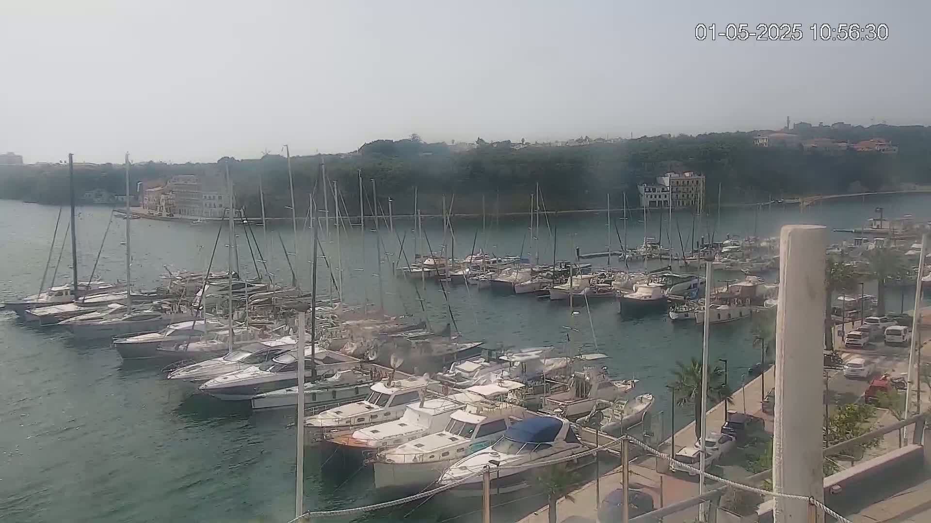 Many boats are docked in a marina on a calm, hazy day.