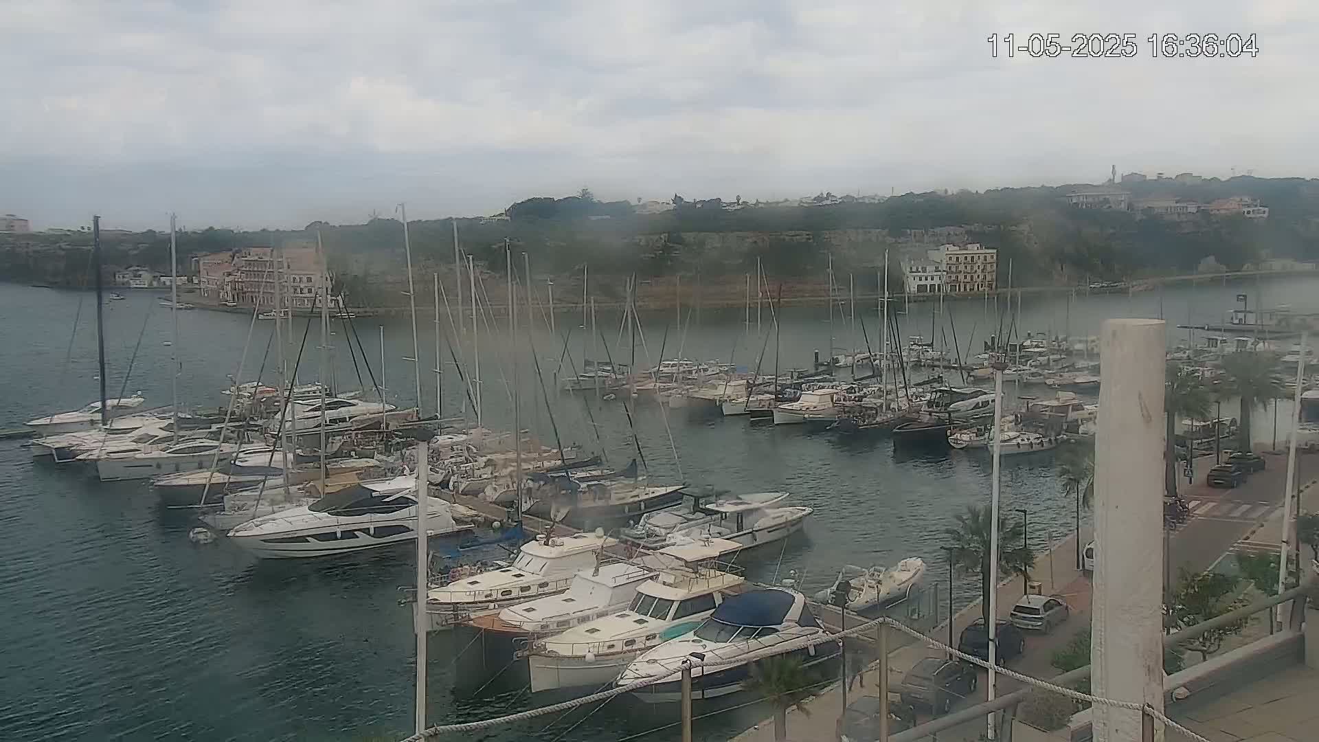 A harbor filled with numerous yachts and sailboats is seen under a cloudy sky.