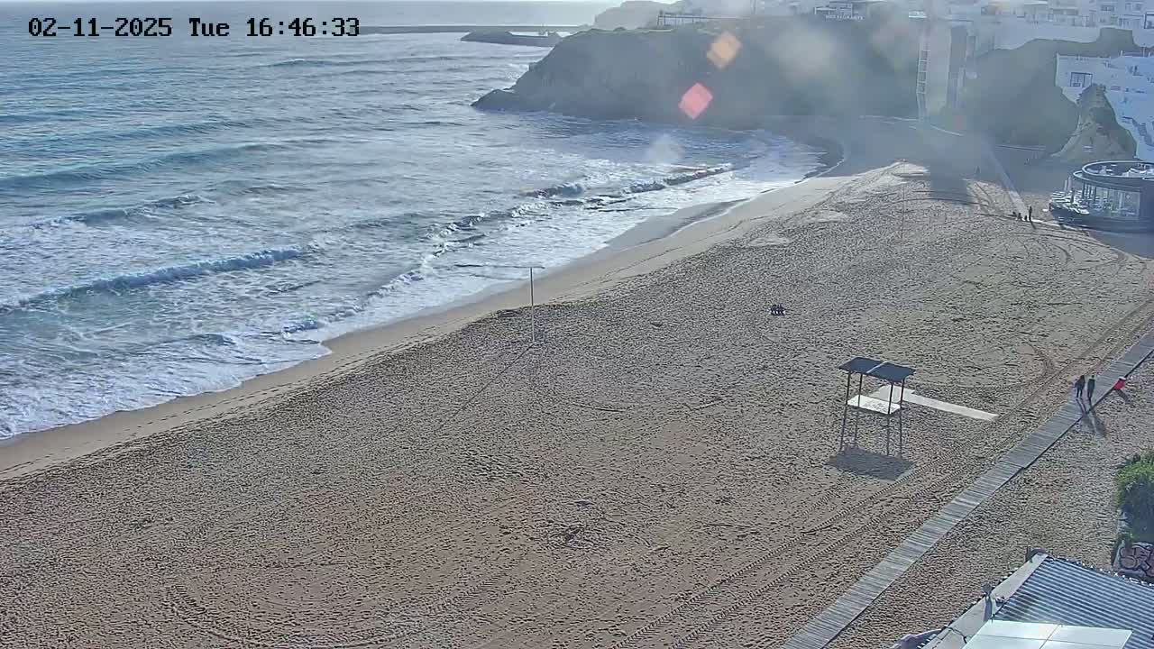 A sandy beach with moderate waves and a few people walking on the boardwalk next to it under partly sunny conditions.