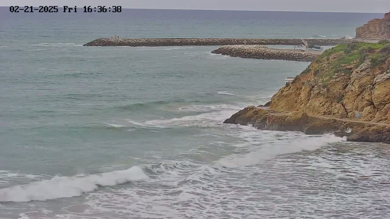 Ocean waves crash against a rocky shore under an overcast sky, near a man-made breakwater.
