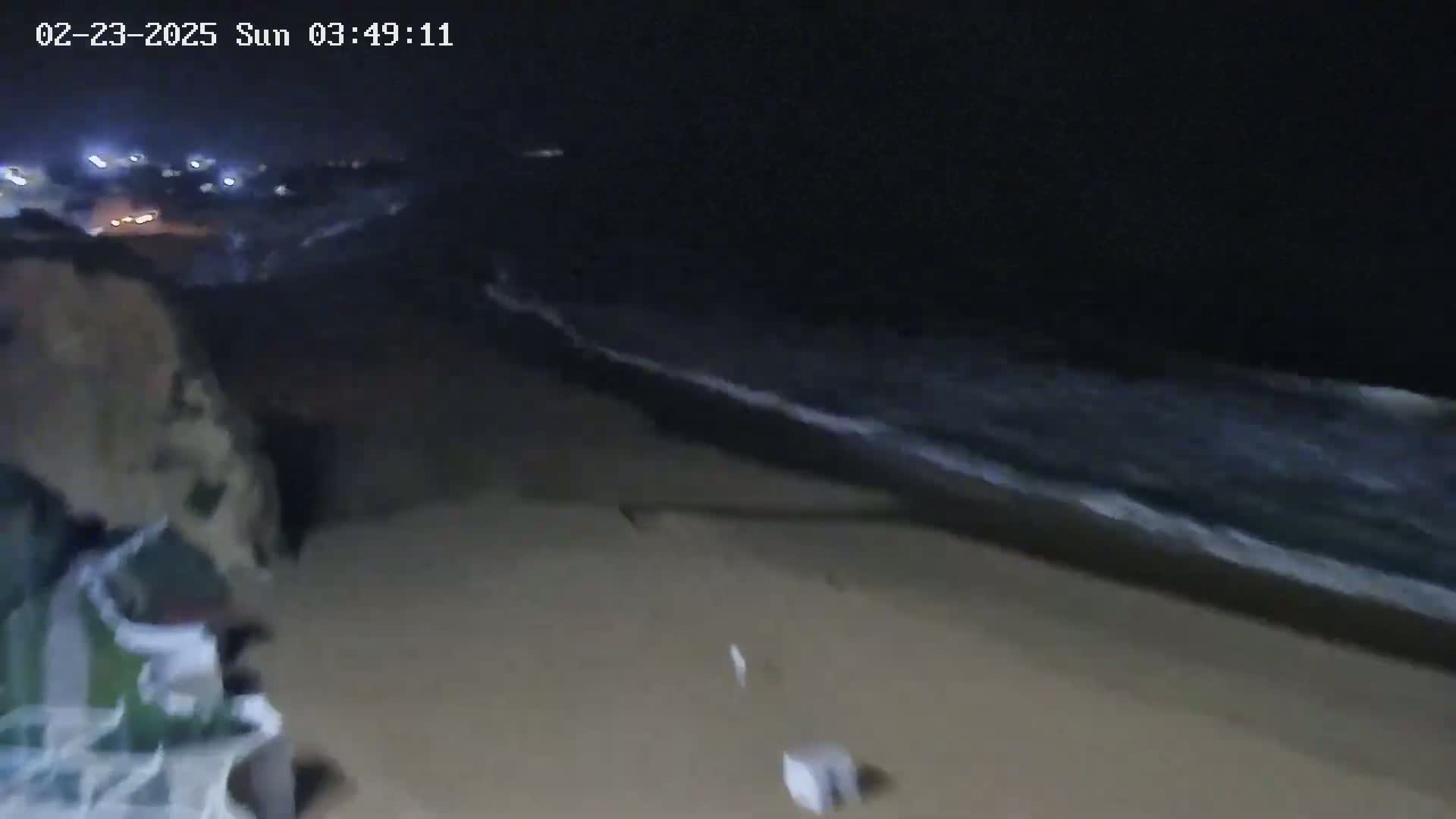 A nighttime beach scene shows dark waves lapping onto a sandy shore under a clear, dark sky.