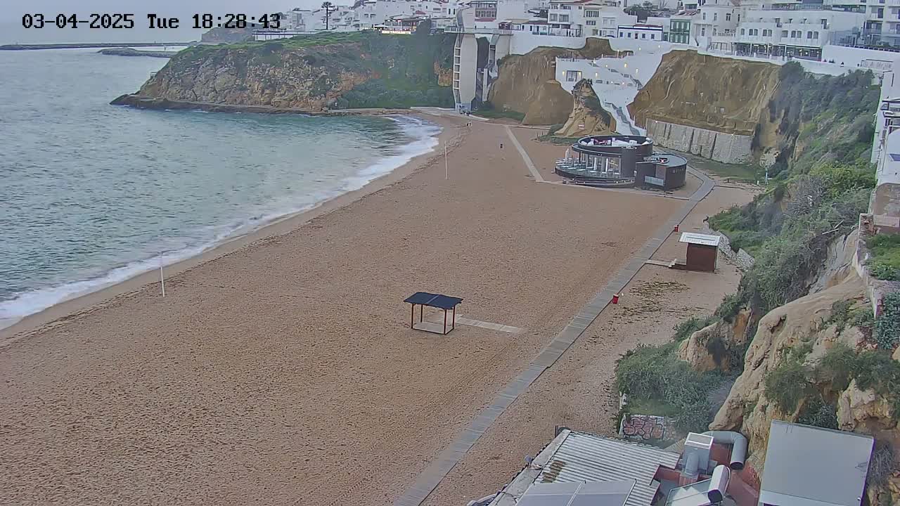 A mostly empty sandy beach next to a cliff with buildings on top, under partly cloudy skies.