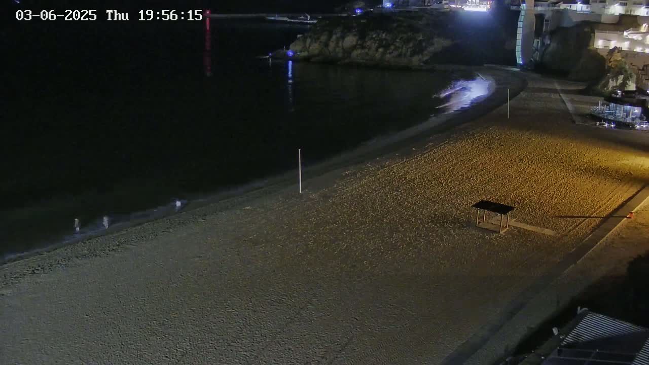 A sandy beach at night is mostly empty, with a few people walking along the water's edge near a dark body of water under a clear, dark sky.