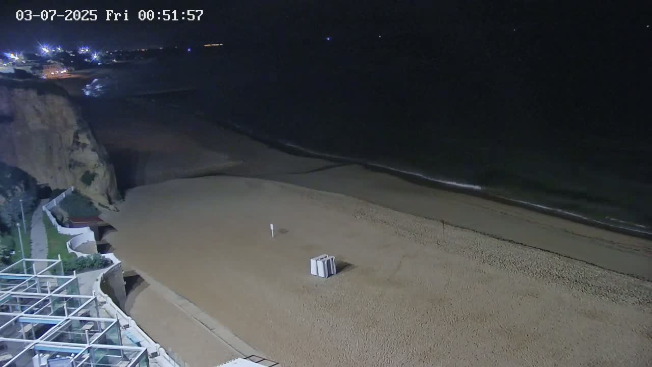 A sandy beach at night, with gently lapping waves and a cliff face to the left, is seen from an elevated viewpoint.