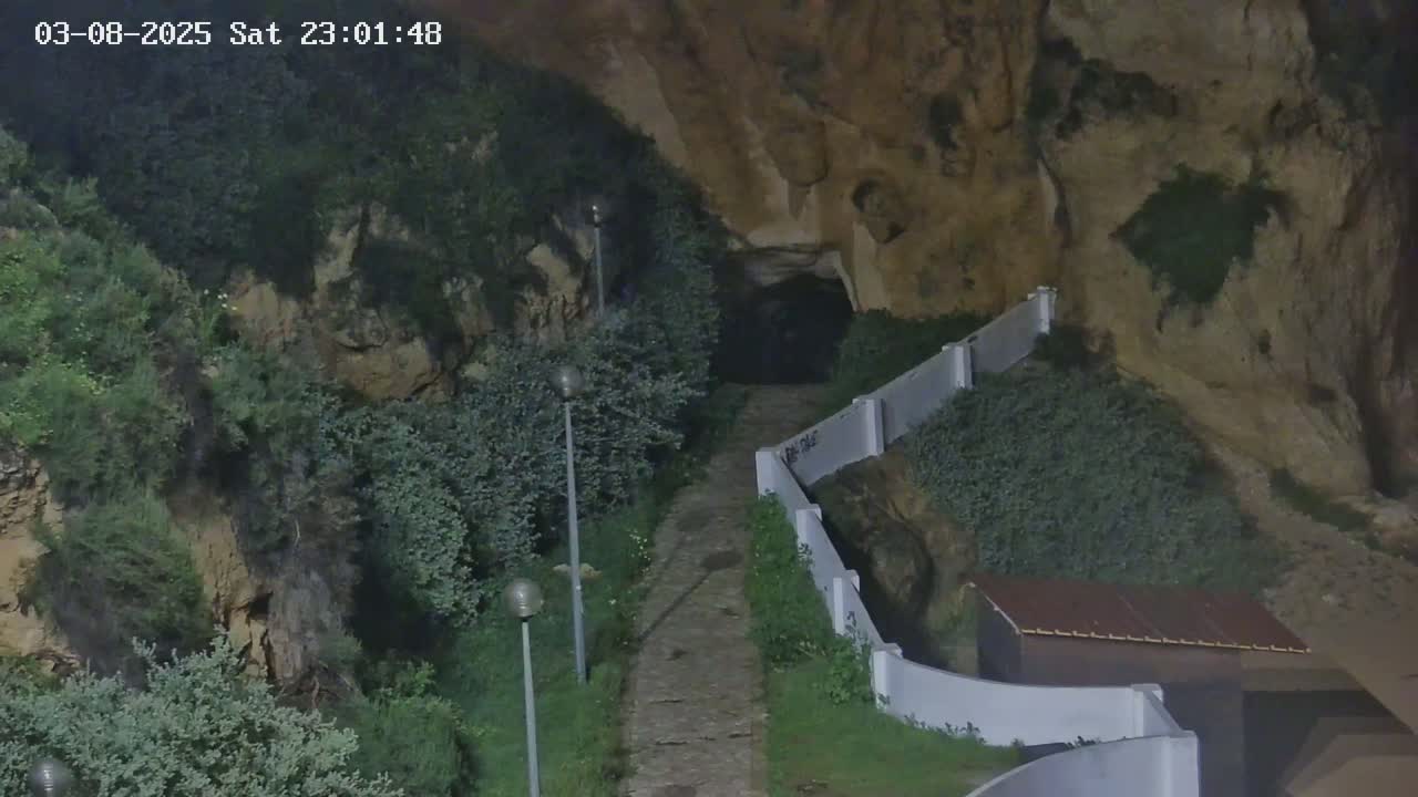A paved pathway leads to a dark cave entrance at night, bordered by low white walls and lush green vegetation under the cover of darkness.
