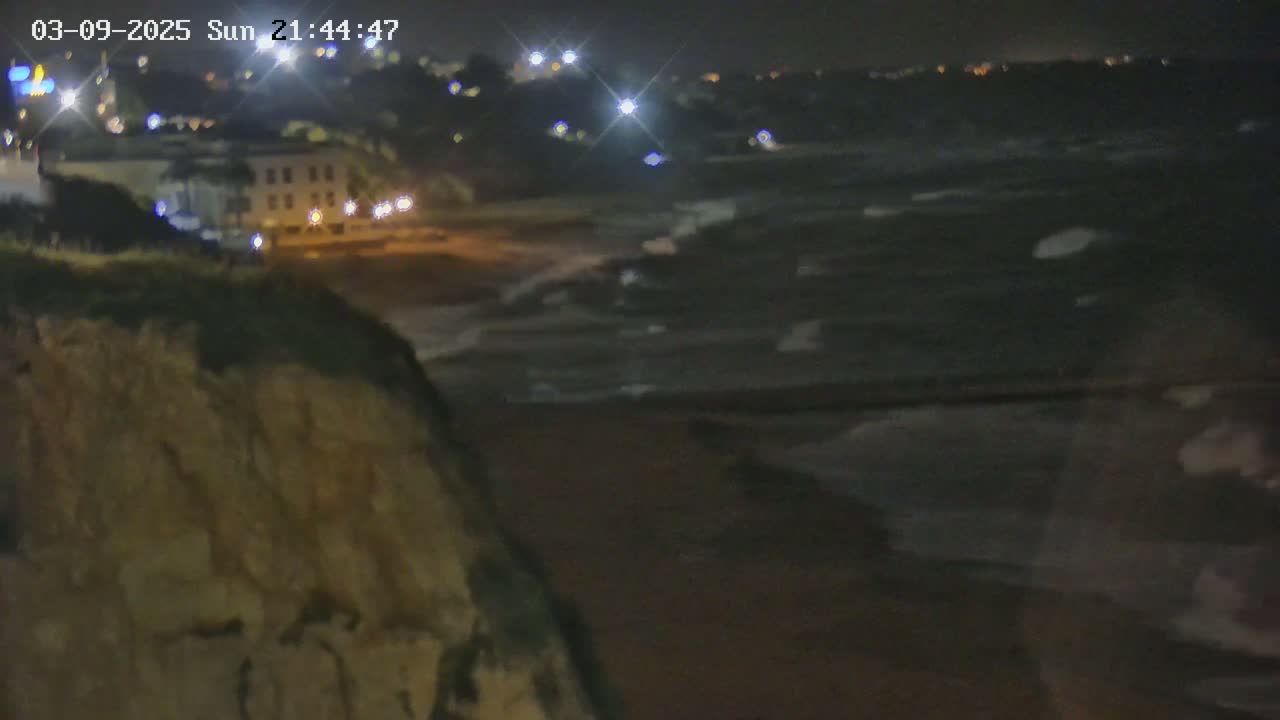 A nighttime coastal scene shows dark, choppy waves crashing on a beach below a cliff, with a few lights visible in the distance on land.