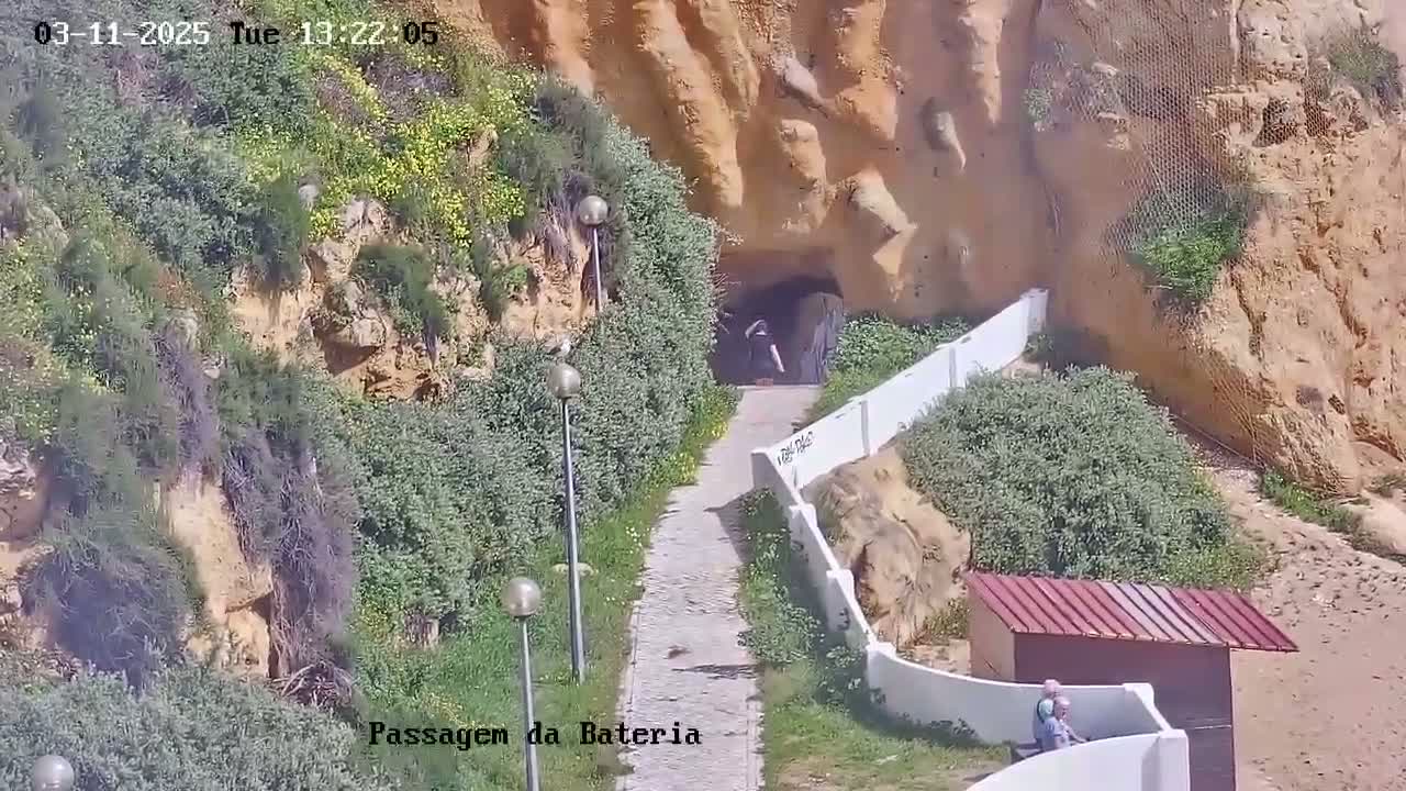A paved pathway leads to a tunnel carved into a sandy cliff face, under a sunny sky; vegetation grows along the cliff and pathway, with a small structure and people visible near the bottom.