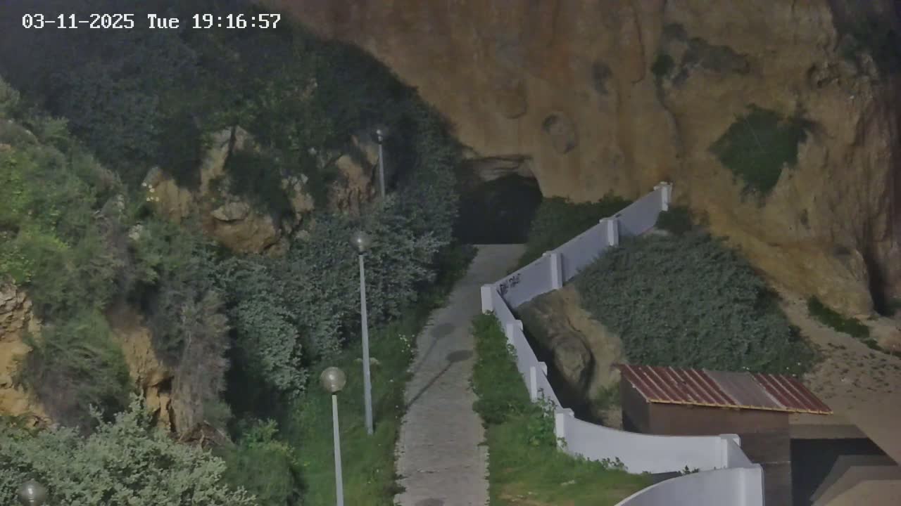 A paved pathway leads to a dark cave entrance nestled within a rocky cliffside at night, illuminated by several street lamps.