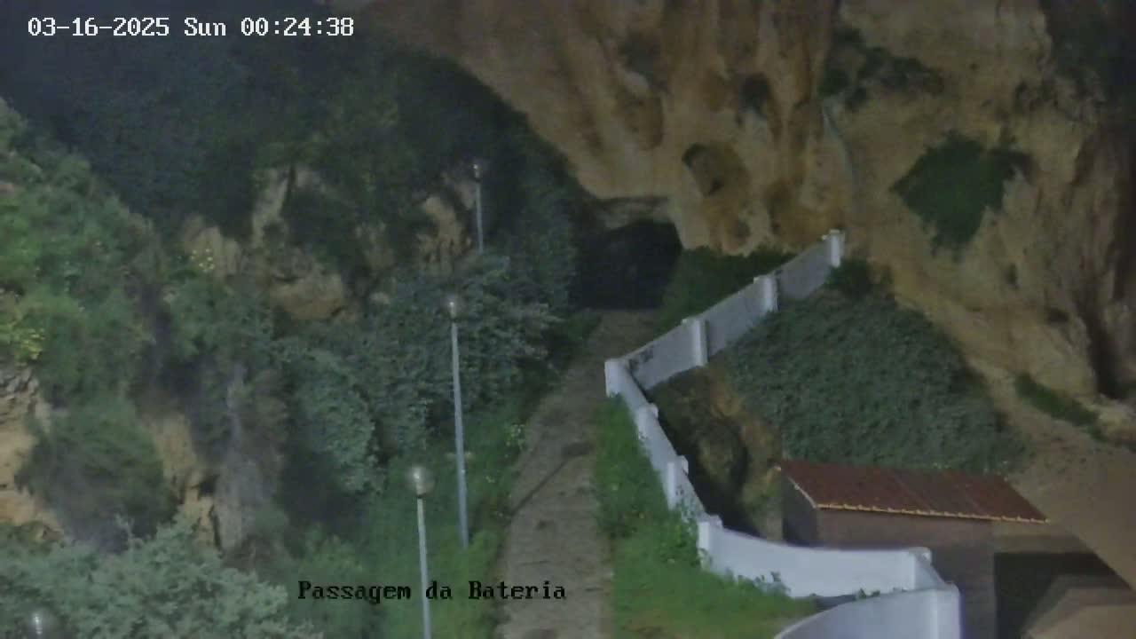 A nighttime view shows a path leading to a cave entrance, bordered by low walls and vegetation, under dark conditions.