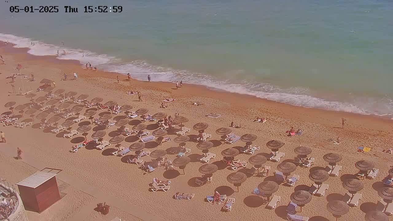 An aerial view shows a sandy beach with numerous brown umbrellas and lounge chairs occupied by people, under a sunny sky, next to a calm, light-blue ocean with small waves.