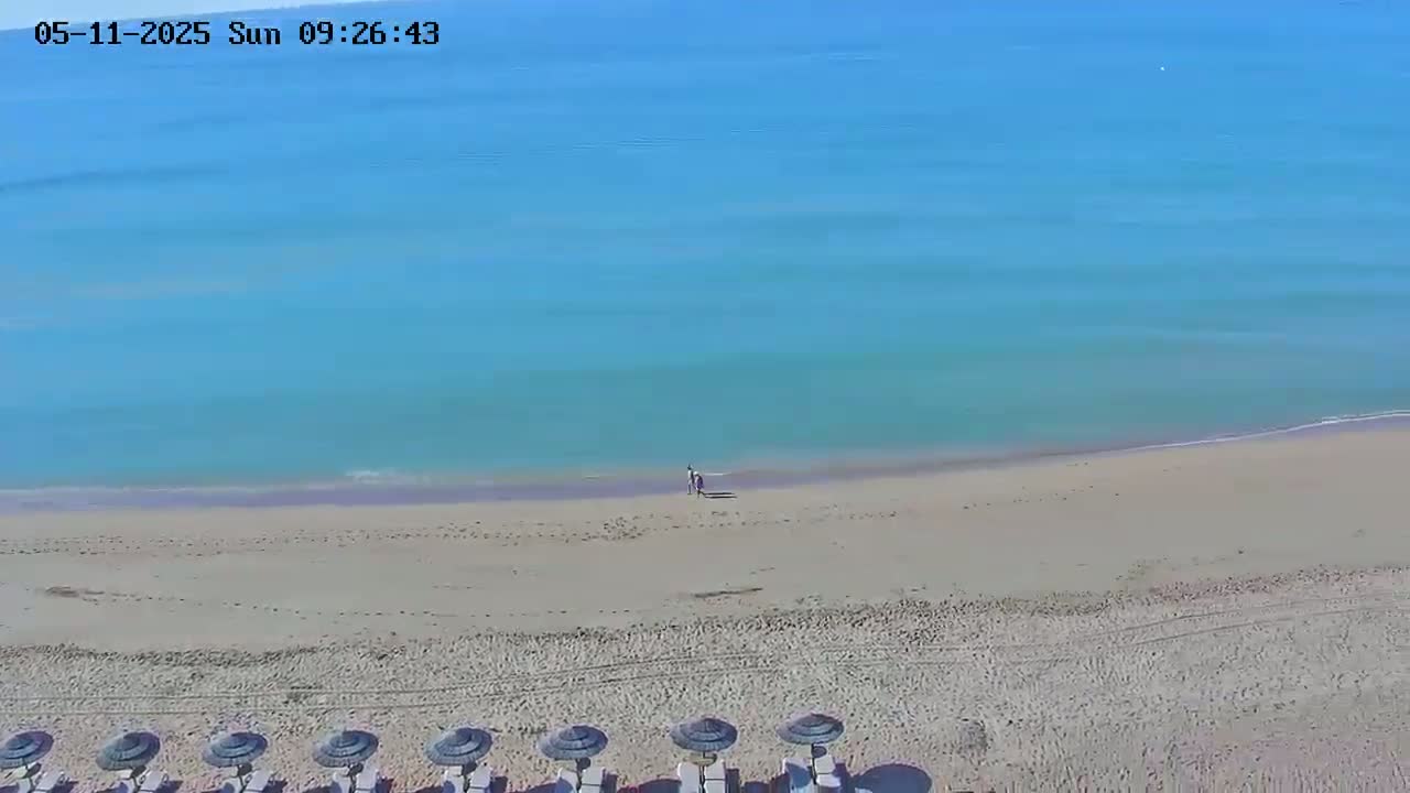 A sandy beach with a row of closed umbrellas stretches to a calm, light-blue ocean where two people walk near the waterline on a sunny day.