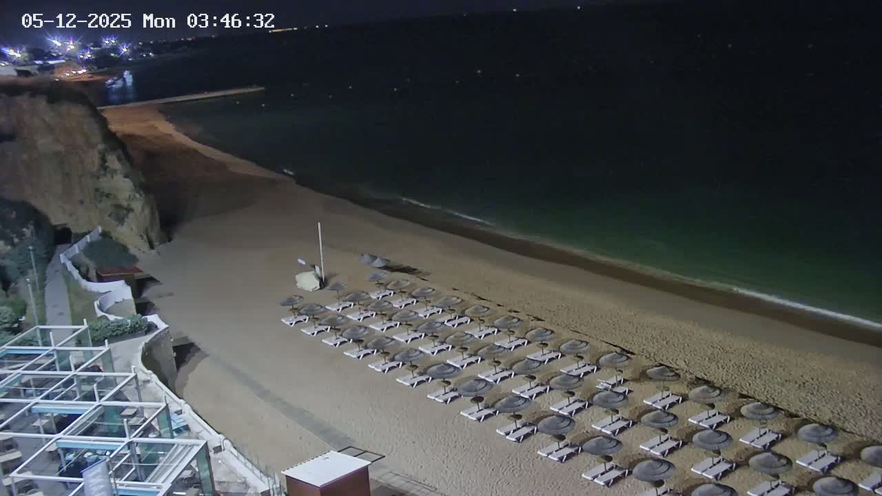 A sandy beach at night, lined with rows of closed umbrellas and lounge chairs, is gently lapped by dark-green waves under a clear, dark sky.