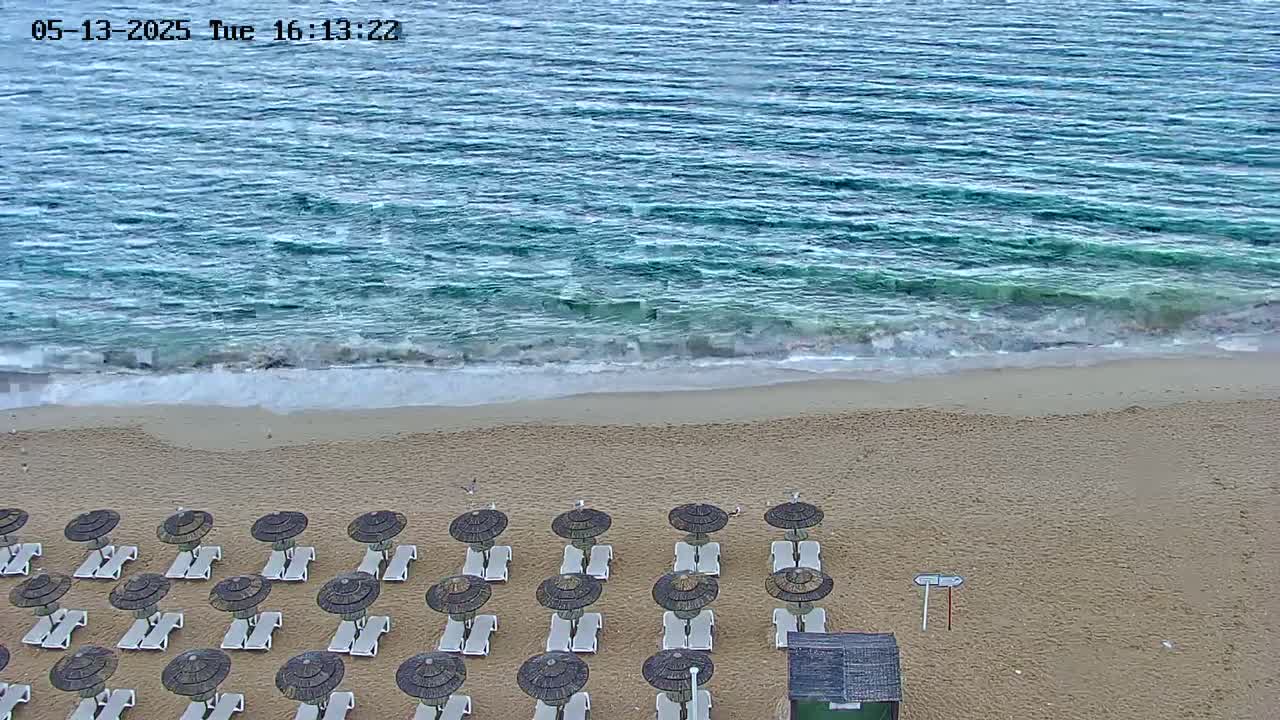 A sandy beach with rows of beach umbrellas and lounge chairs sits next to a blue ocean with small waves.