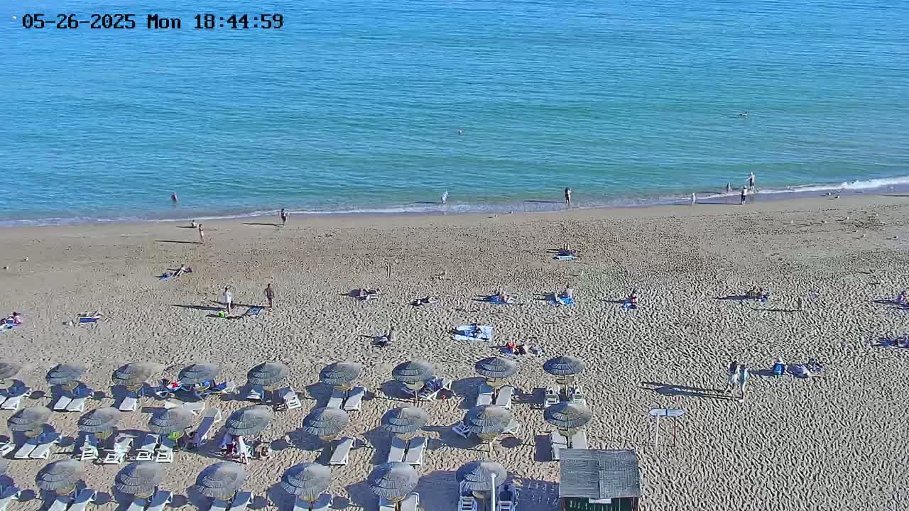 A sandy beach with many people and umbrellas under a sunny sky next to a calm, blue ocean.
