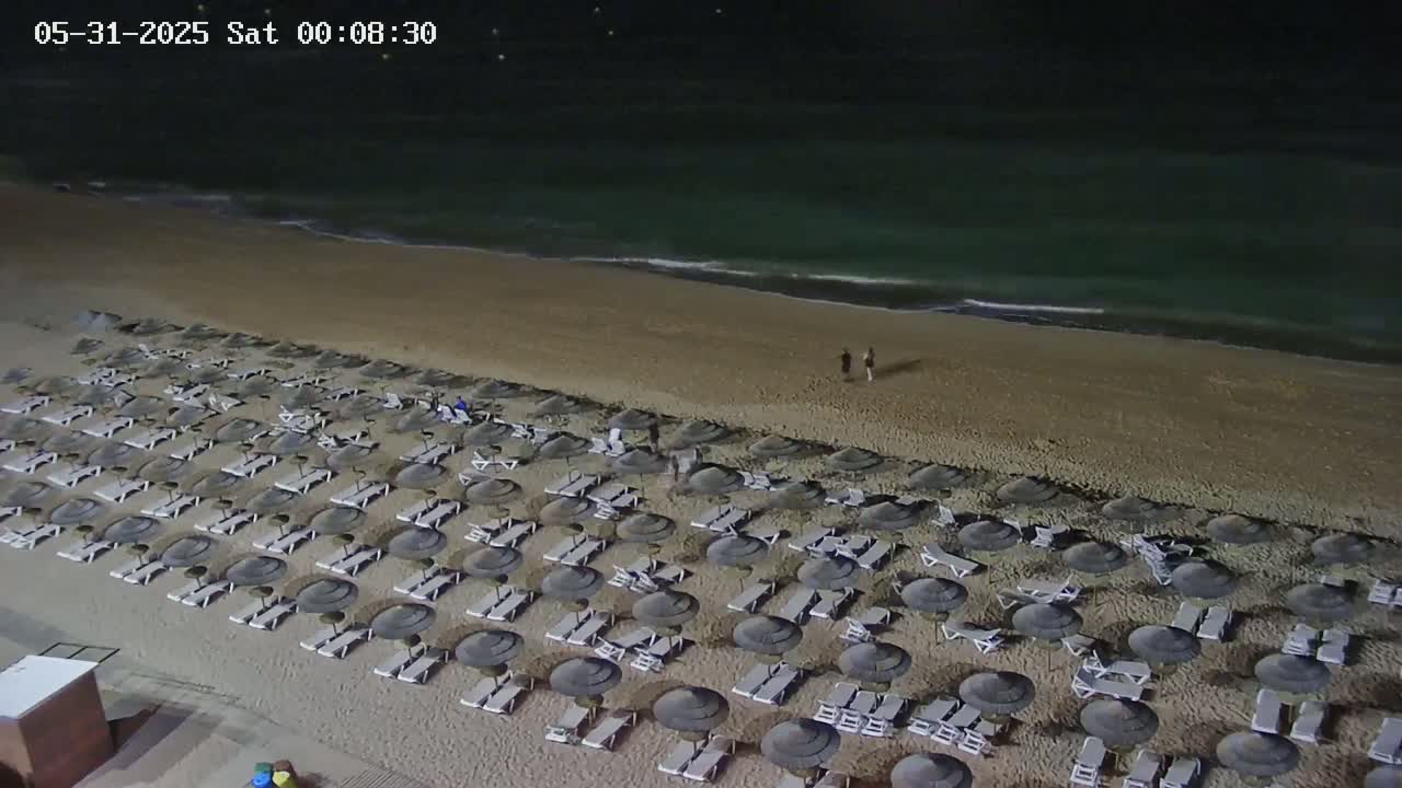 A sandy beach at night with calm waves and many closed umbrellas and lounge chairs lined up on the sand.