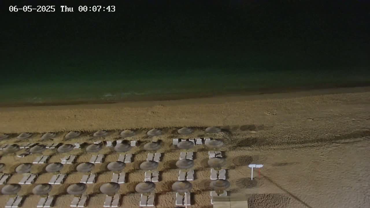 A sandy beach at night with calm, dark-green water and rows of closed umbrellas and lounge chairs.