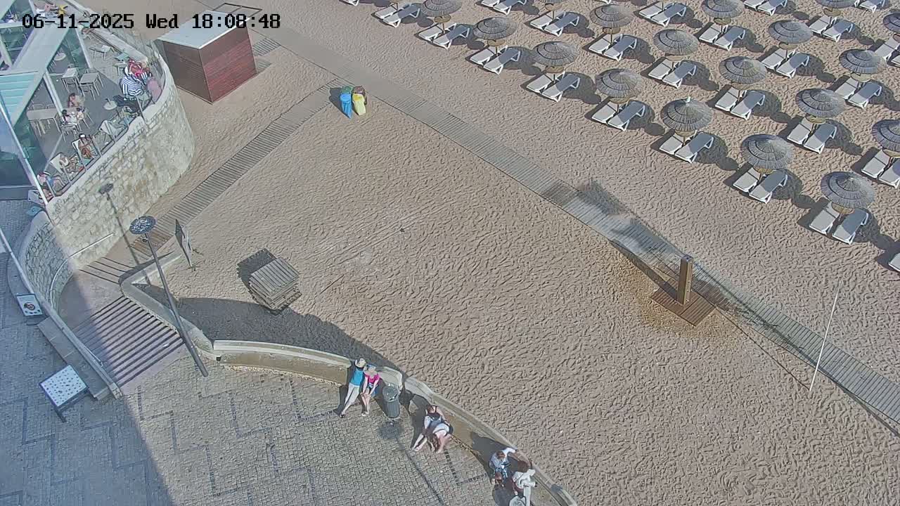 An aerial view shows a sandy beach with numerous umbrellas and lounge chairs, a few people relaxing near a stone wall, and a building with people inside.