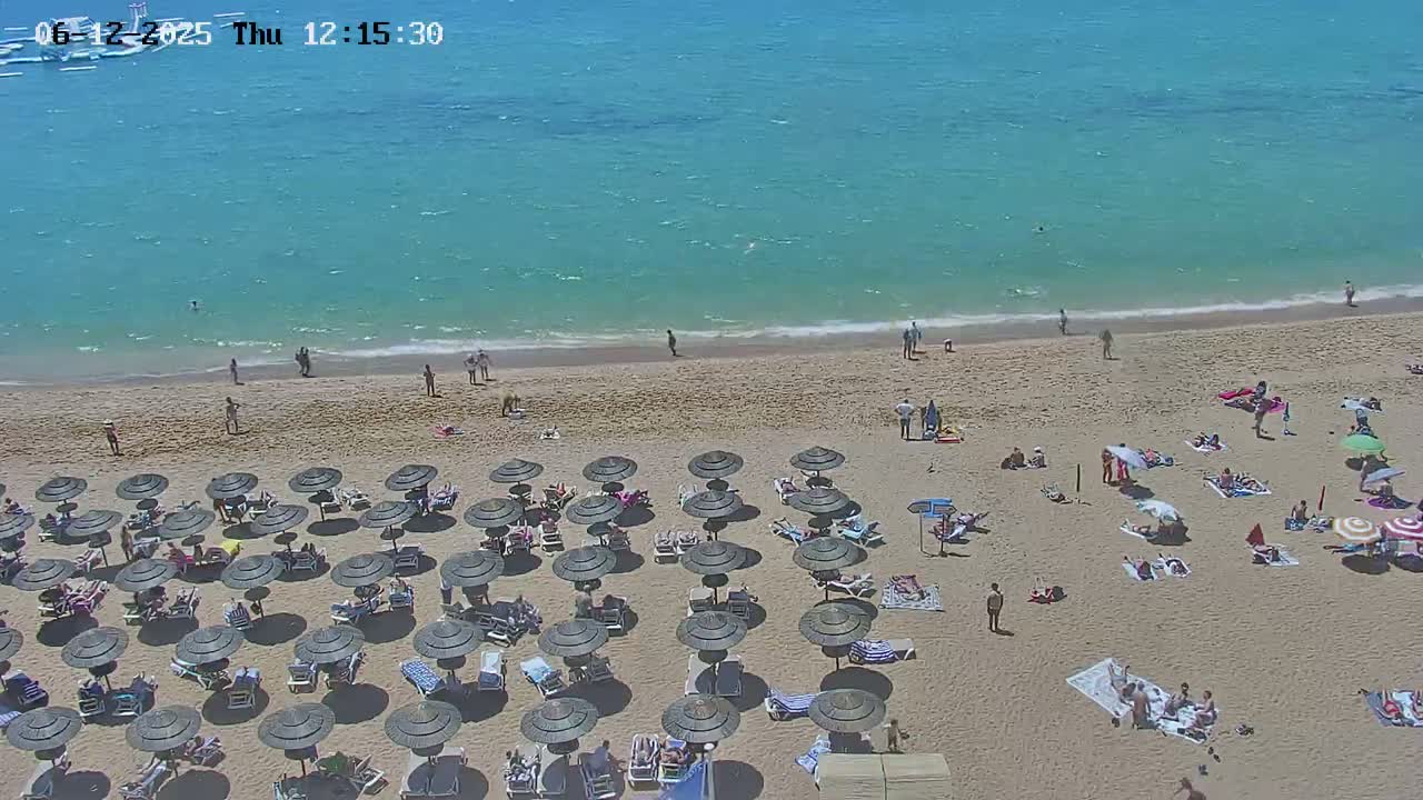 A sandy beach with numerous dark umbrellas and sunbathers is next to a turquoise ocean with a few people swimming under a sunny sky.