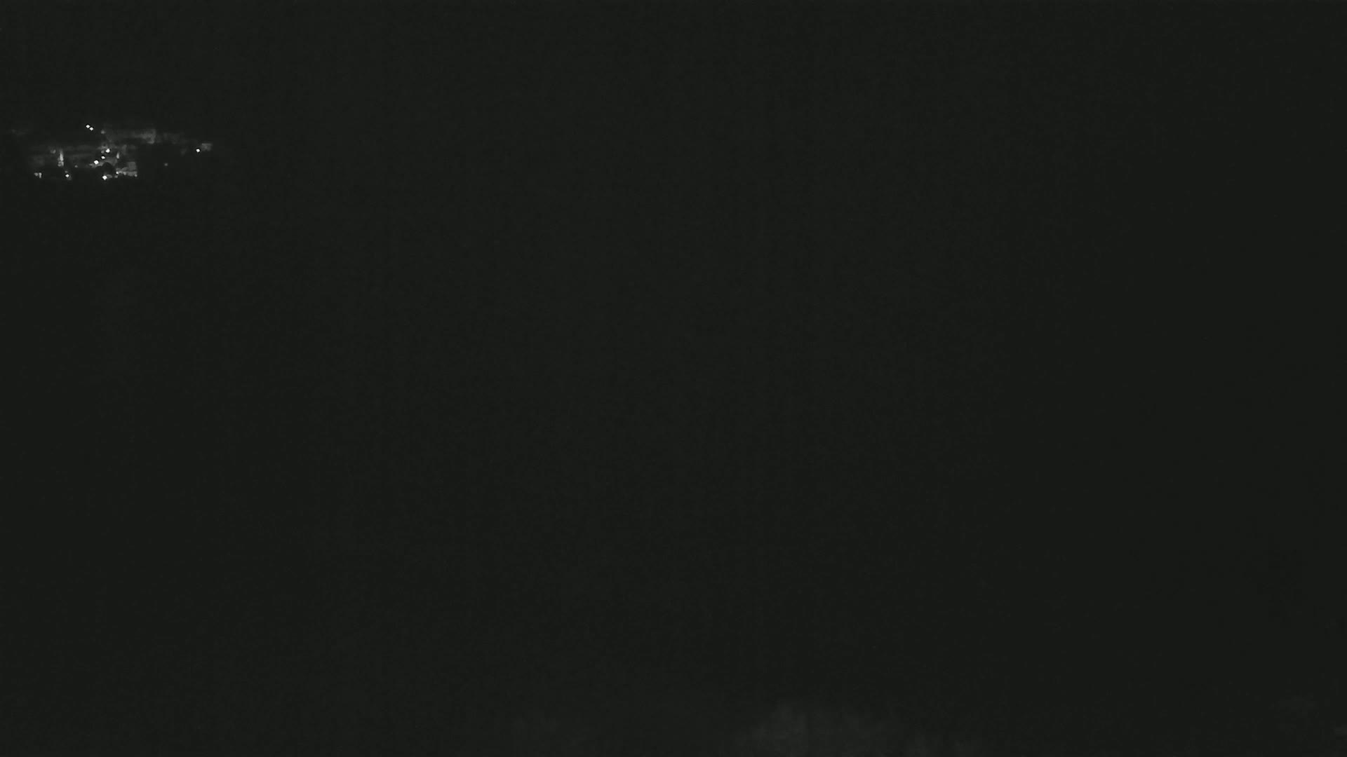 A dark, nighttime scene shows a few faint lights in the distance.