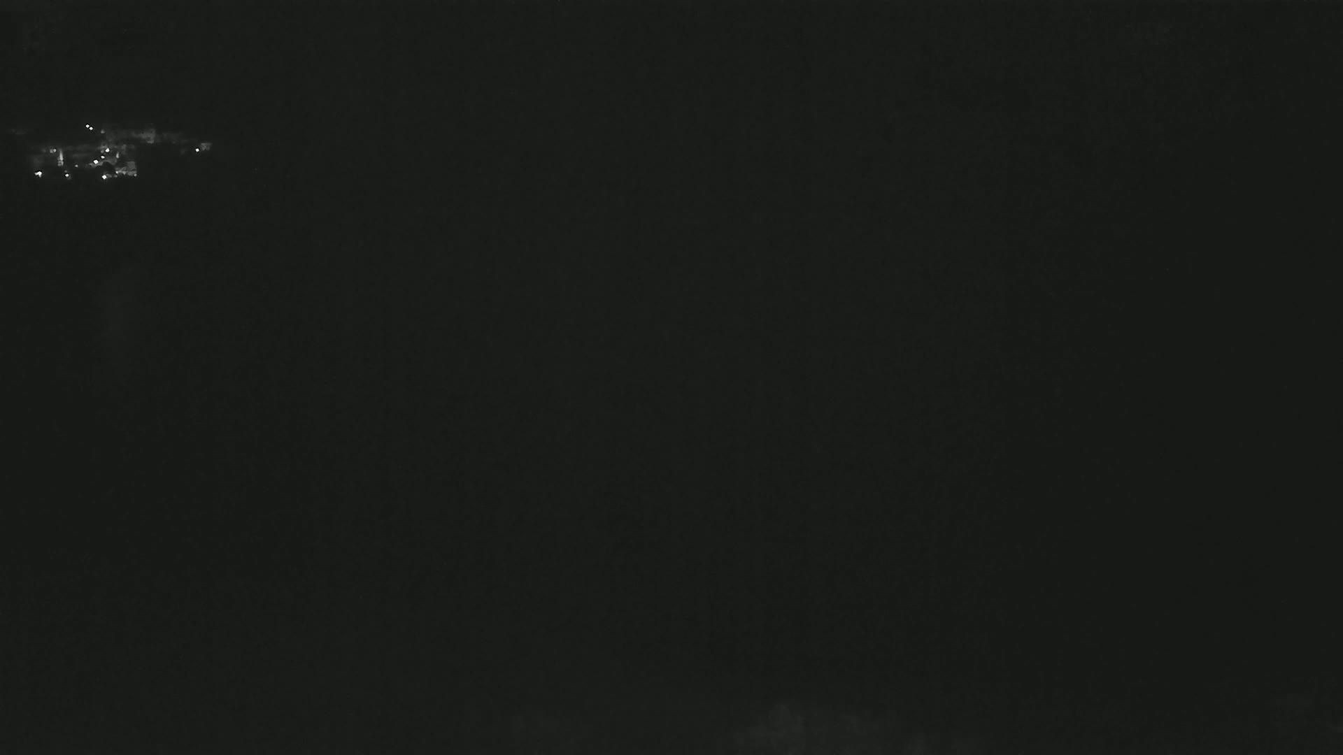 A nighttime long shot shows a few faint lights in the distance on a dark, possibly overcast, night.
