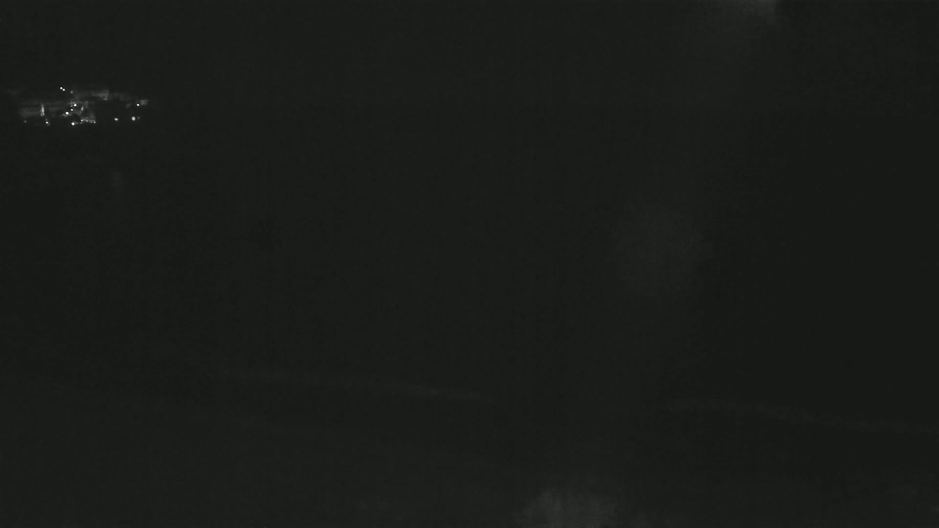 A dark, nighttime scene shows a few faint lights in the distance.