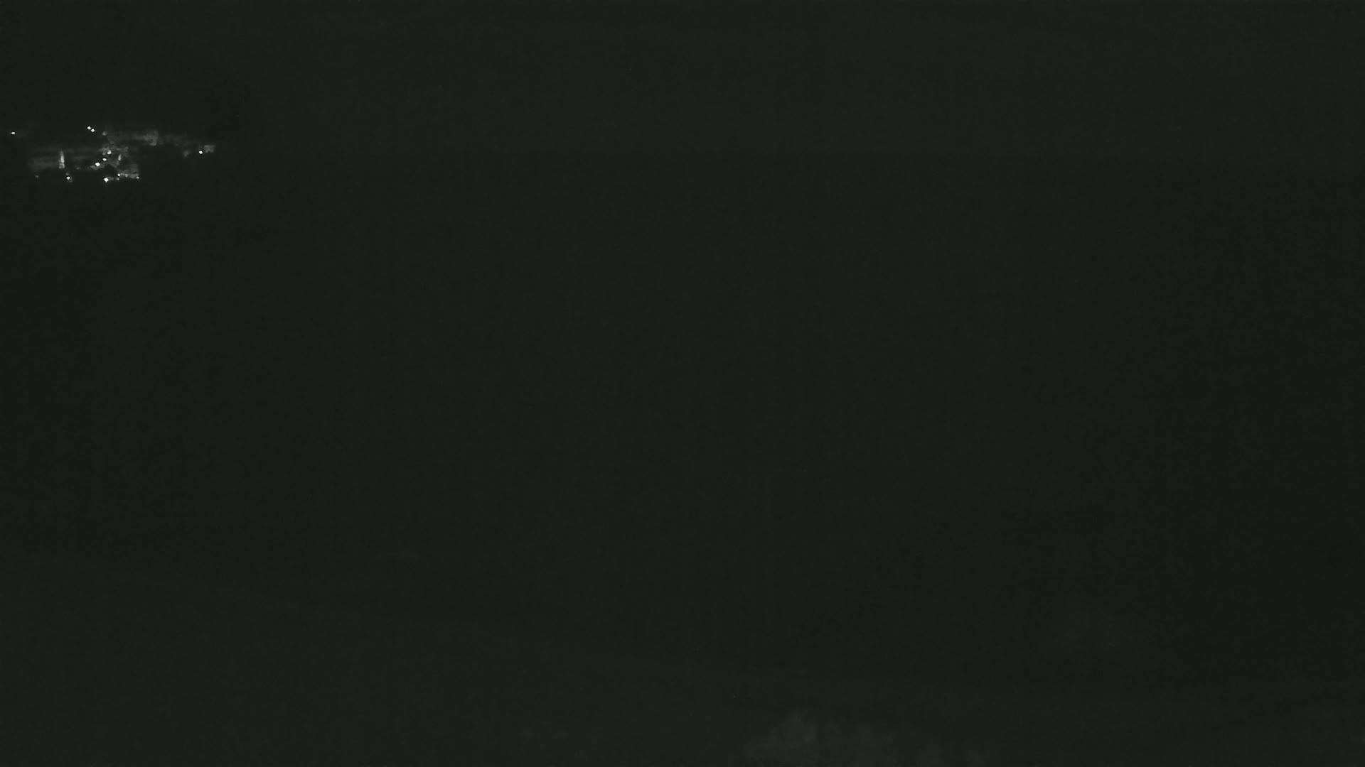 A dark, nighttime scene shows a few faint lights in the distance.