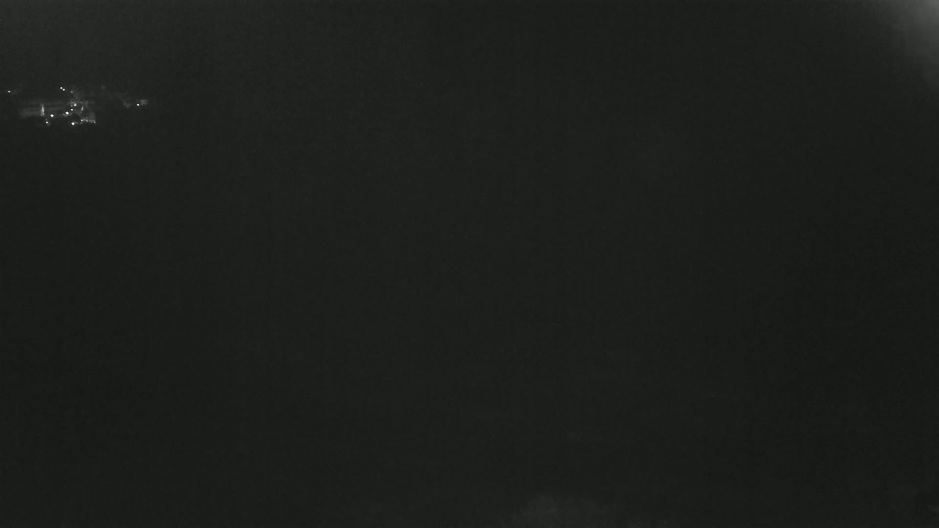 A dark, nighttime scene shows a few faint lights in the distance.