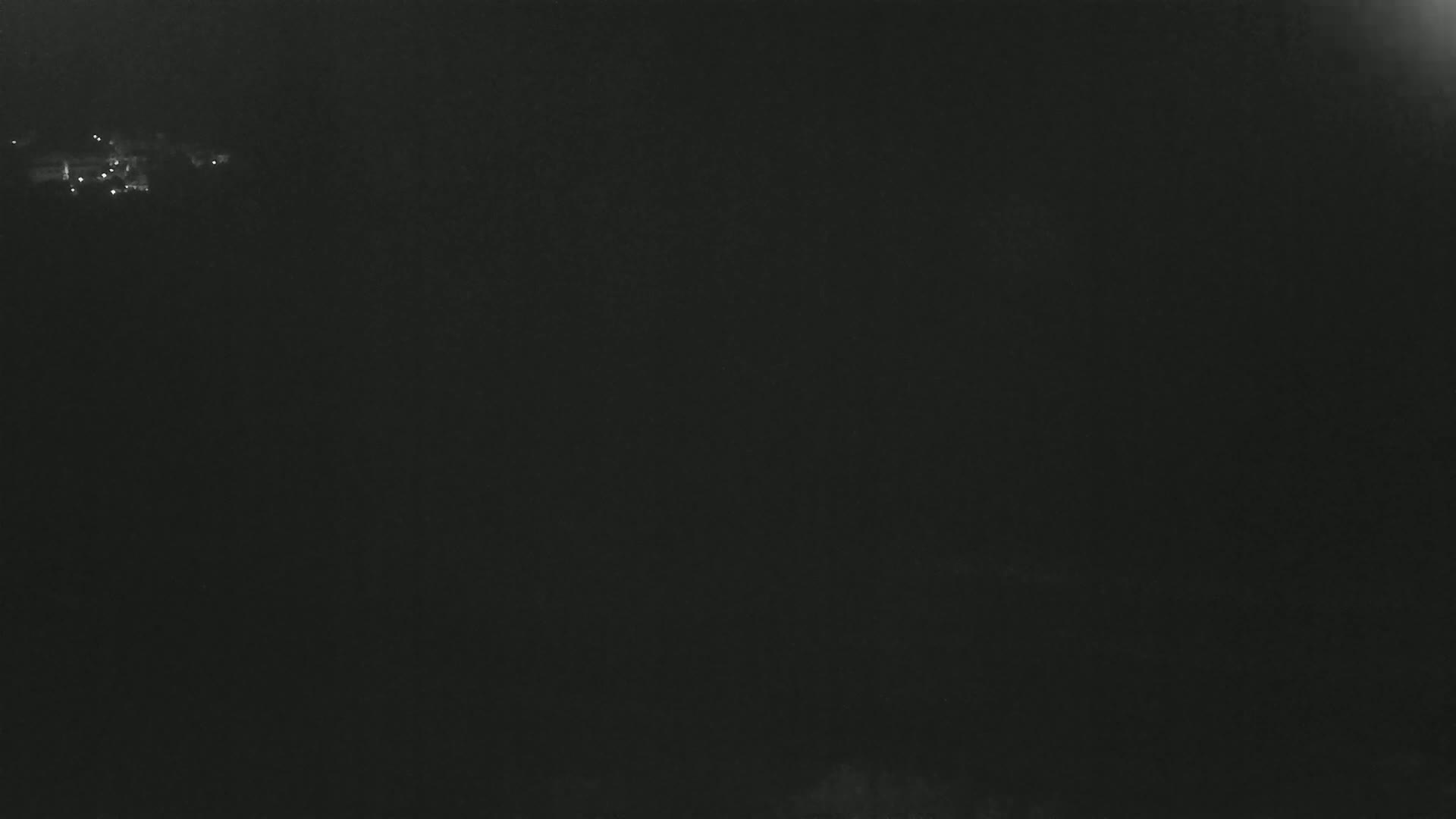 A dark, nighttime scene shows a few faint lights in the distance.