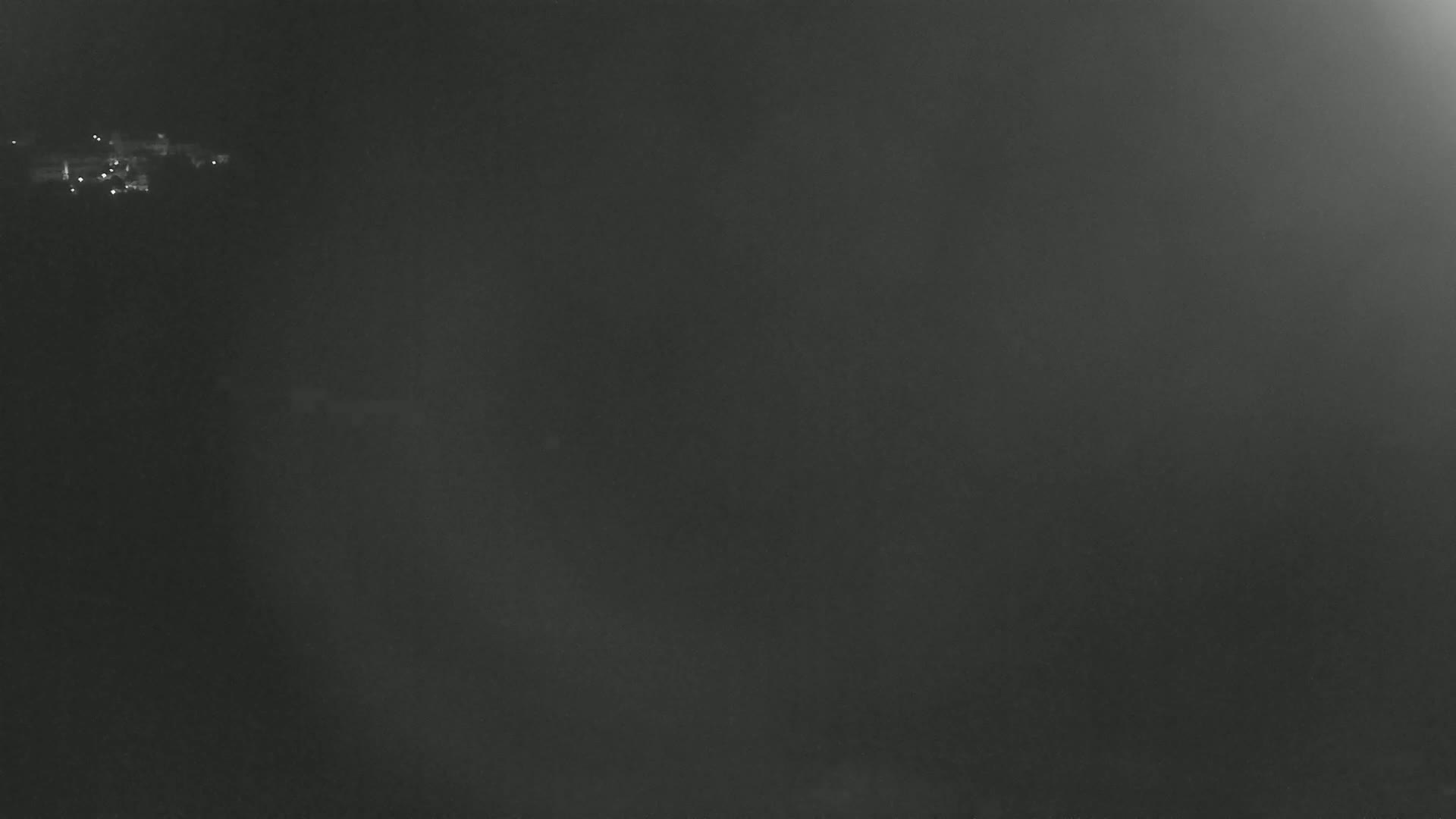 A dark, foggy, nighttime scene shows a few distant lights.