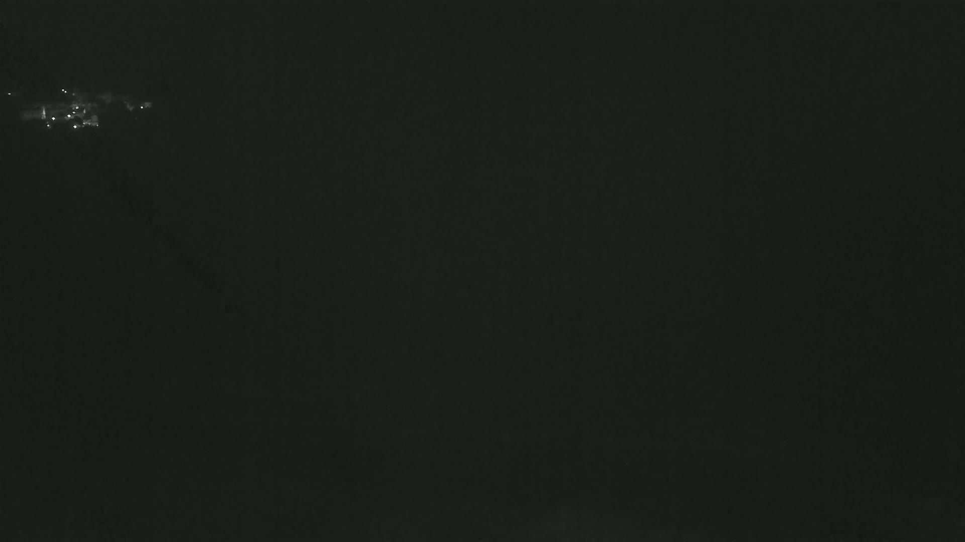 A dark, nighttime scene shows a few faint lights in the distance.