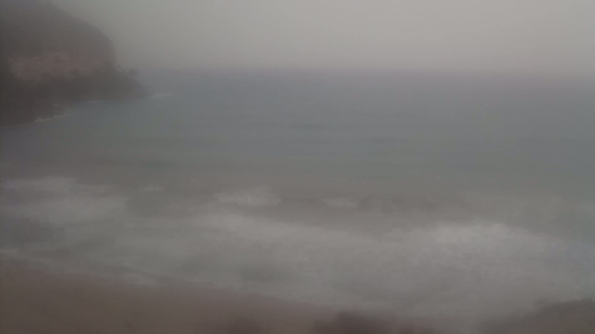 A foggy, overcast day shows a dark cliff overlooking a wavy ocean and sandy beach.