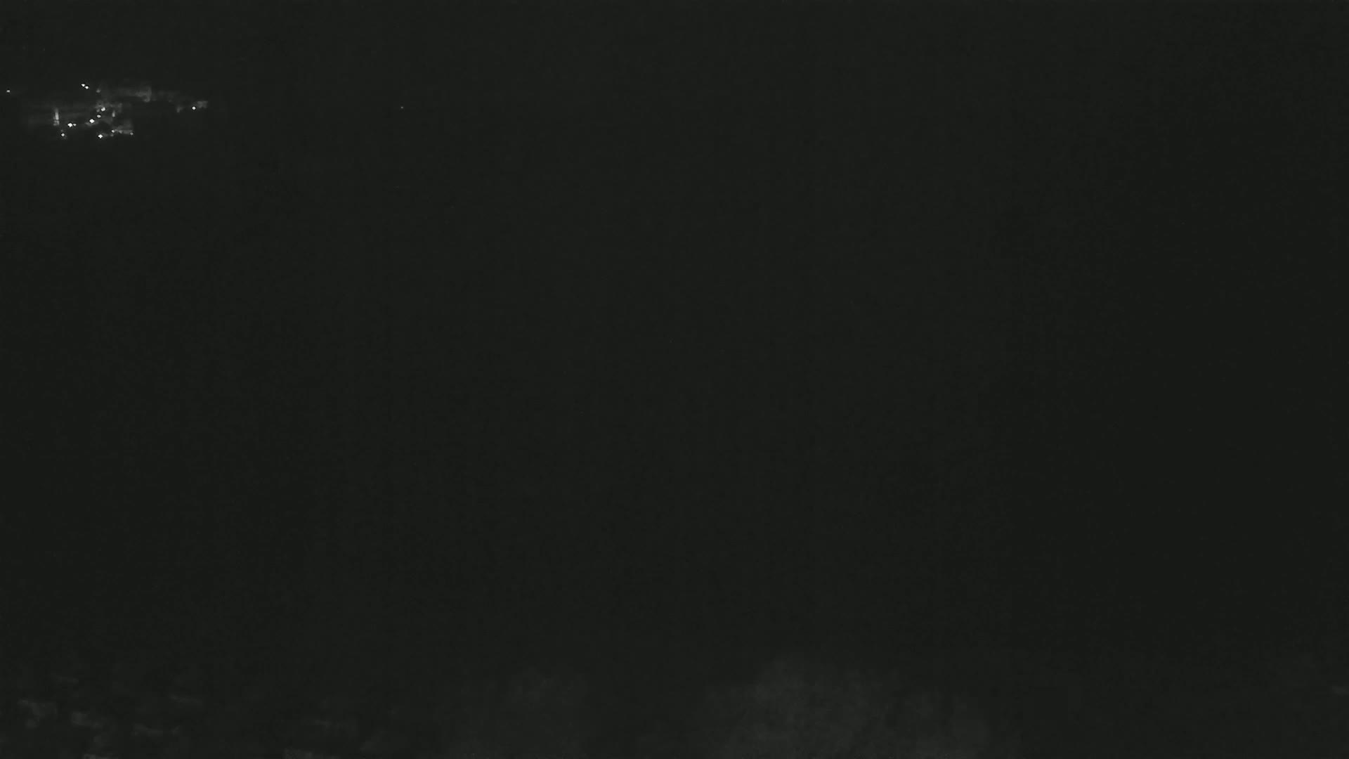 A dark, nighttime scene shows a few faint lights in the distance.