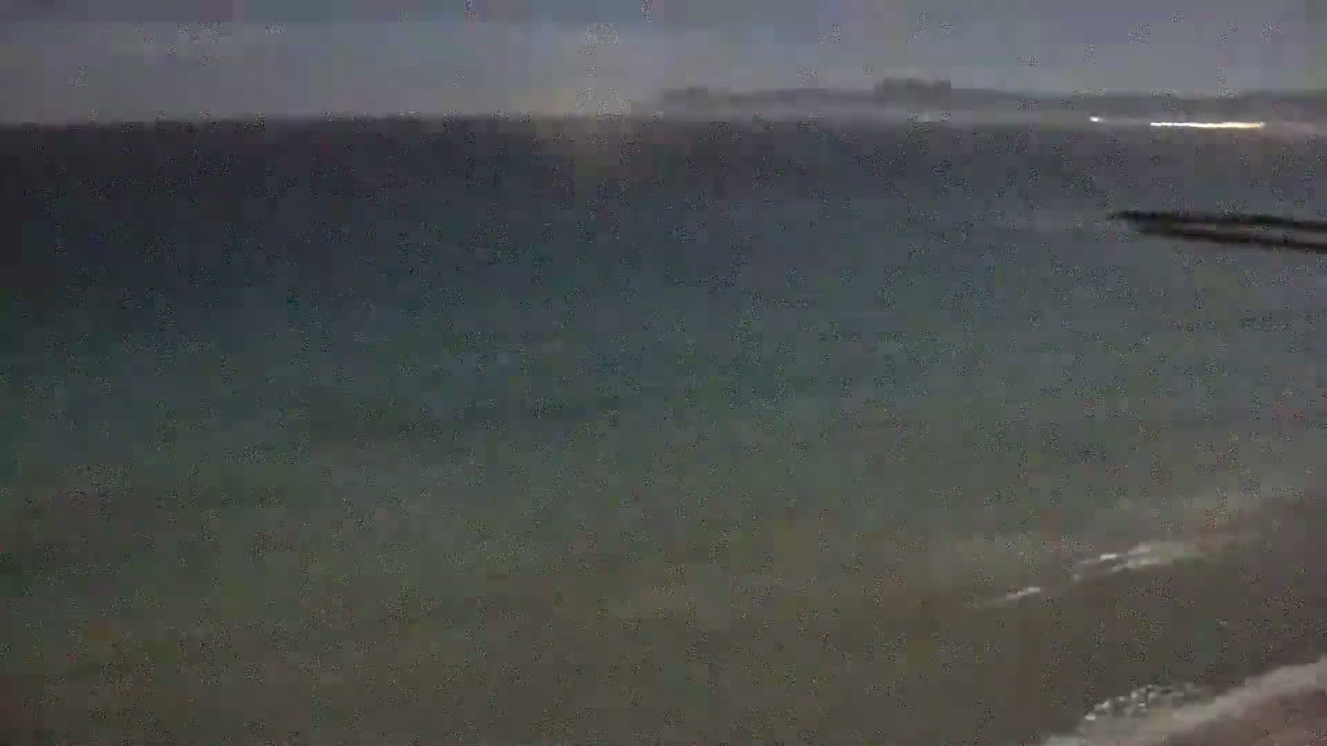 A dark, nighttime view shows a calm, grey-green ocean meeting a sandy beach with small waves.