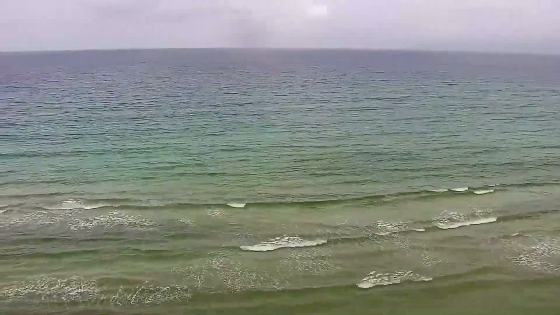 A wide view of a calm sea with small waves breaking on the shore under an overcast sky.