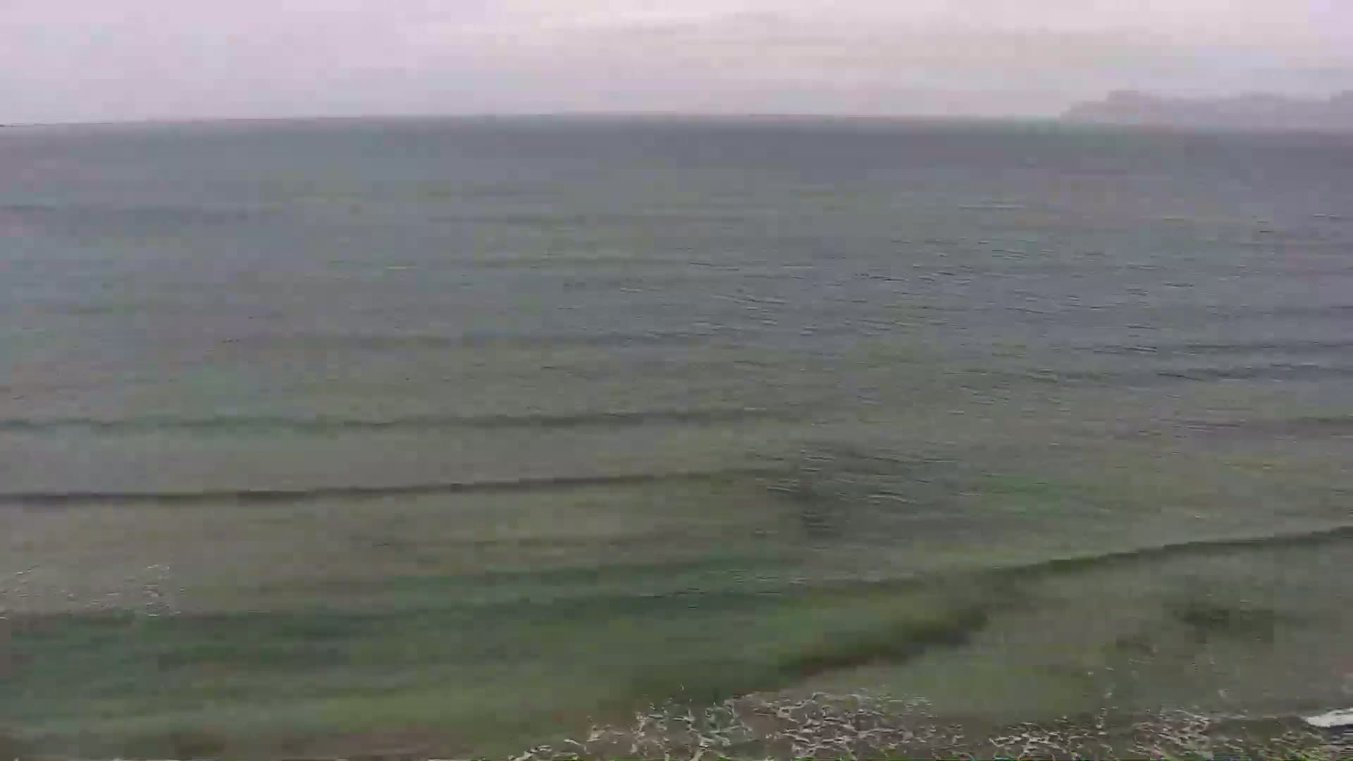 A wide shot of a calm, grey-green ocean under an overcast sky.