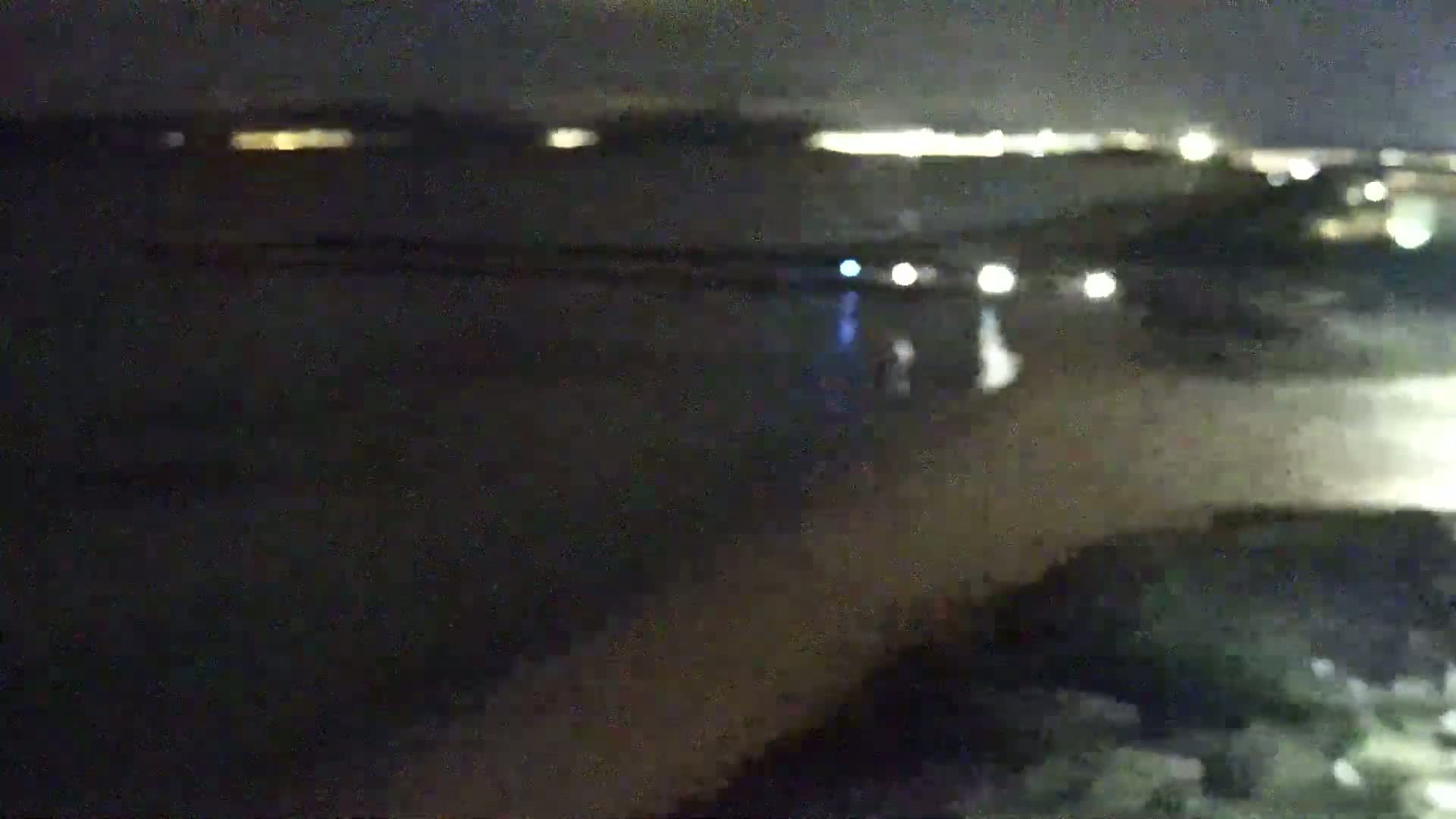 A dark, blurry nighttime scene shows a body of water with distant city lights reflecting on it, and some indistinct shapes near the water's edge.