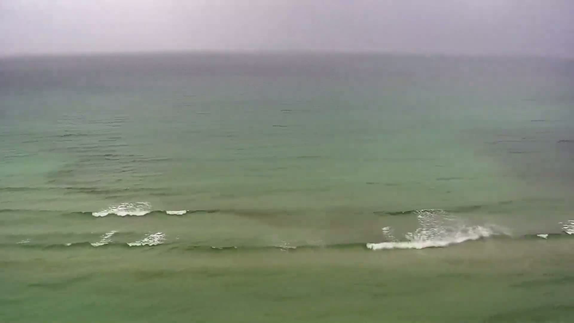 A wide shot shows a murky, greenish-grey ocean with small waves under an overcast sky.