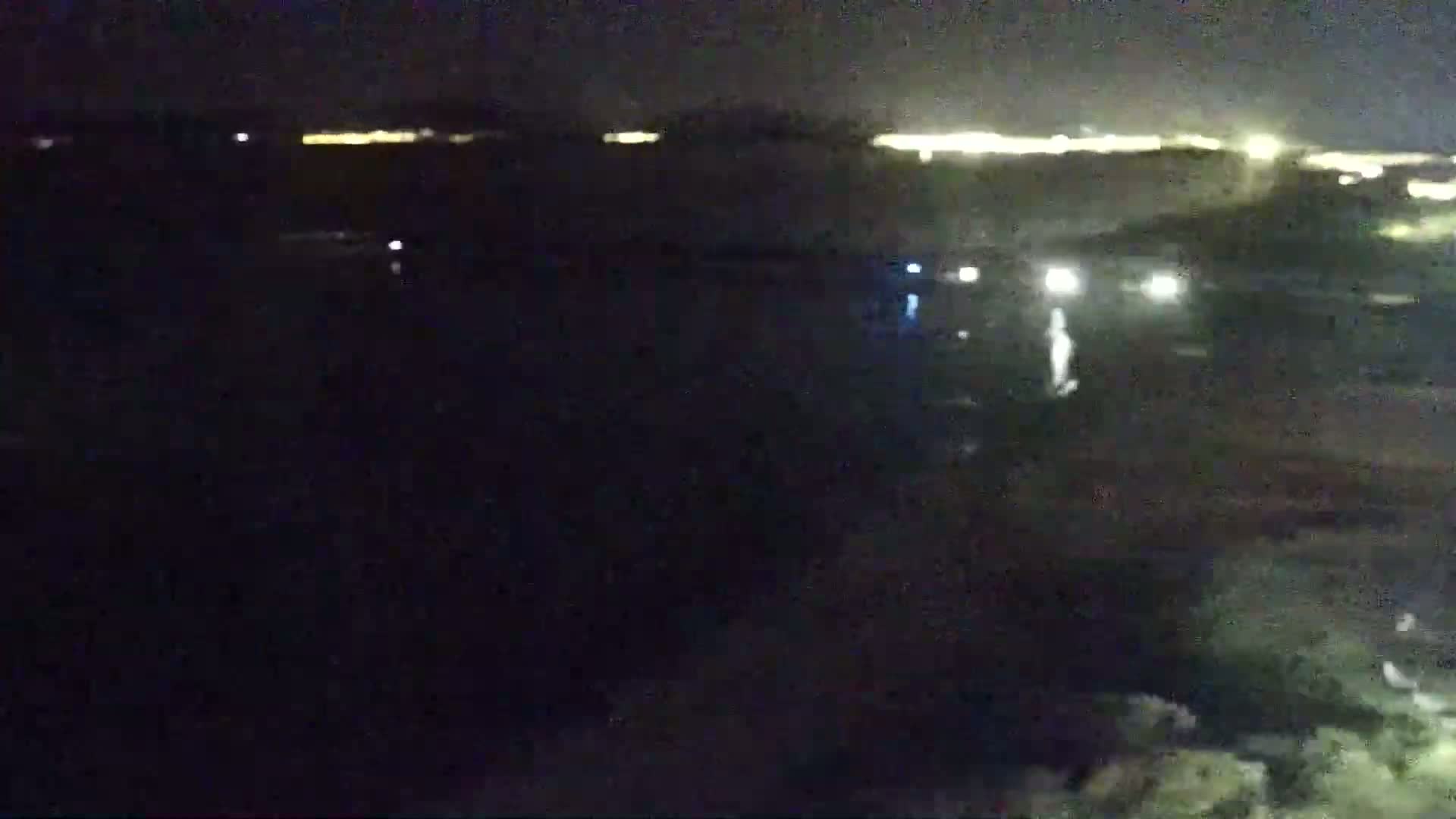 A nighttime view of a dark body of water with a distant line of city lights under a clear, dark sky.