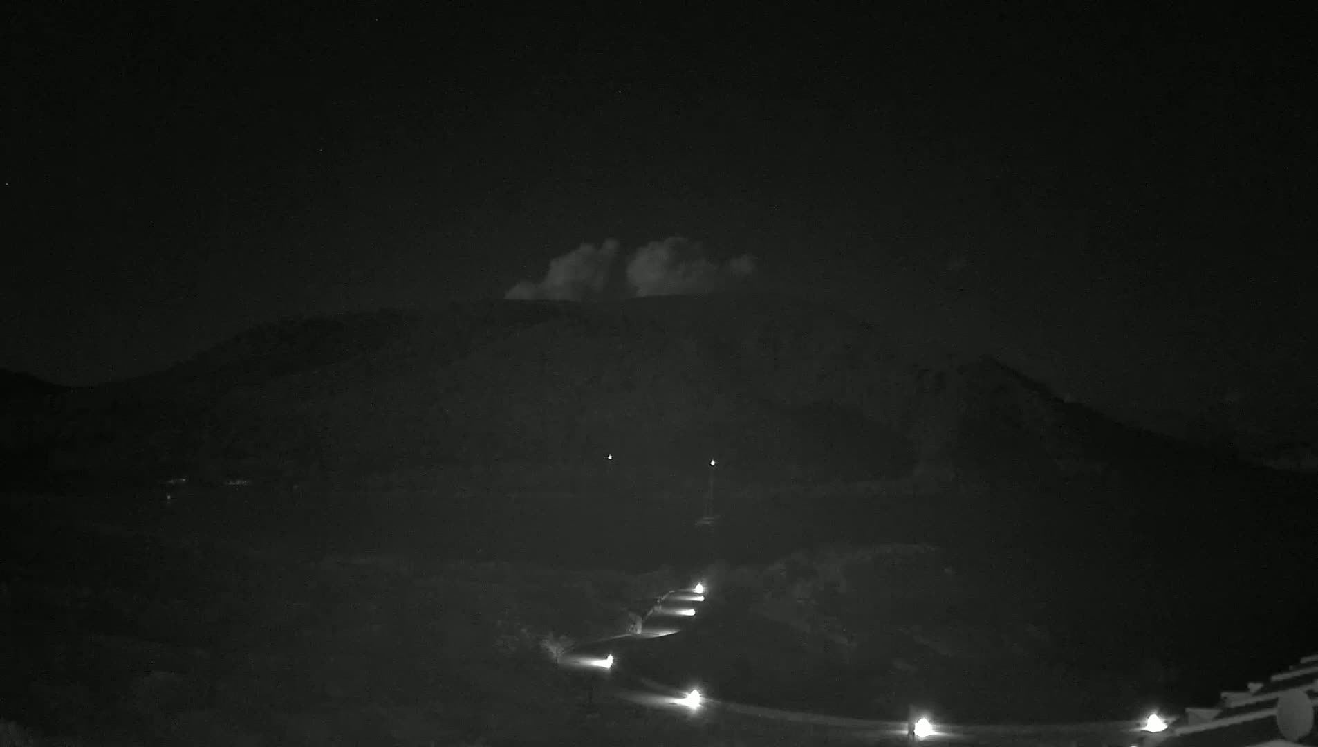A nighttime view of a dark mountain with a small amount of cloud cover above it, a winding road illuminated by lights below, and a dark sky full of stars.