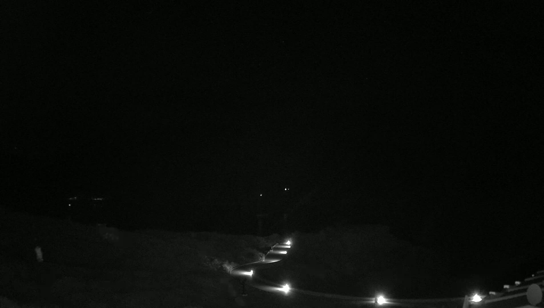 A dark, nighttime scene shows a winding road lit by spaced-out lamps leading to a distant, dimly lit area.