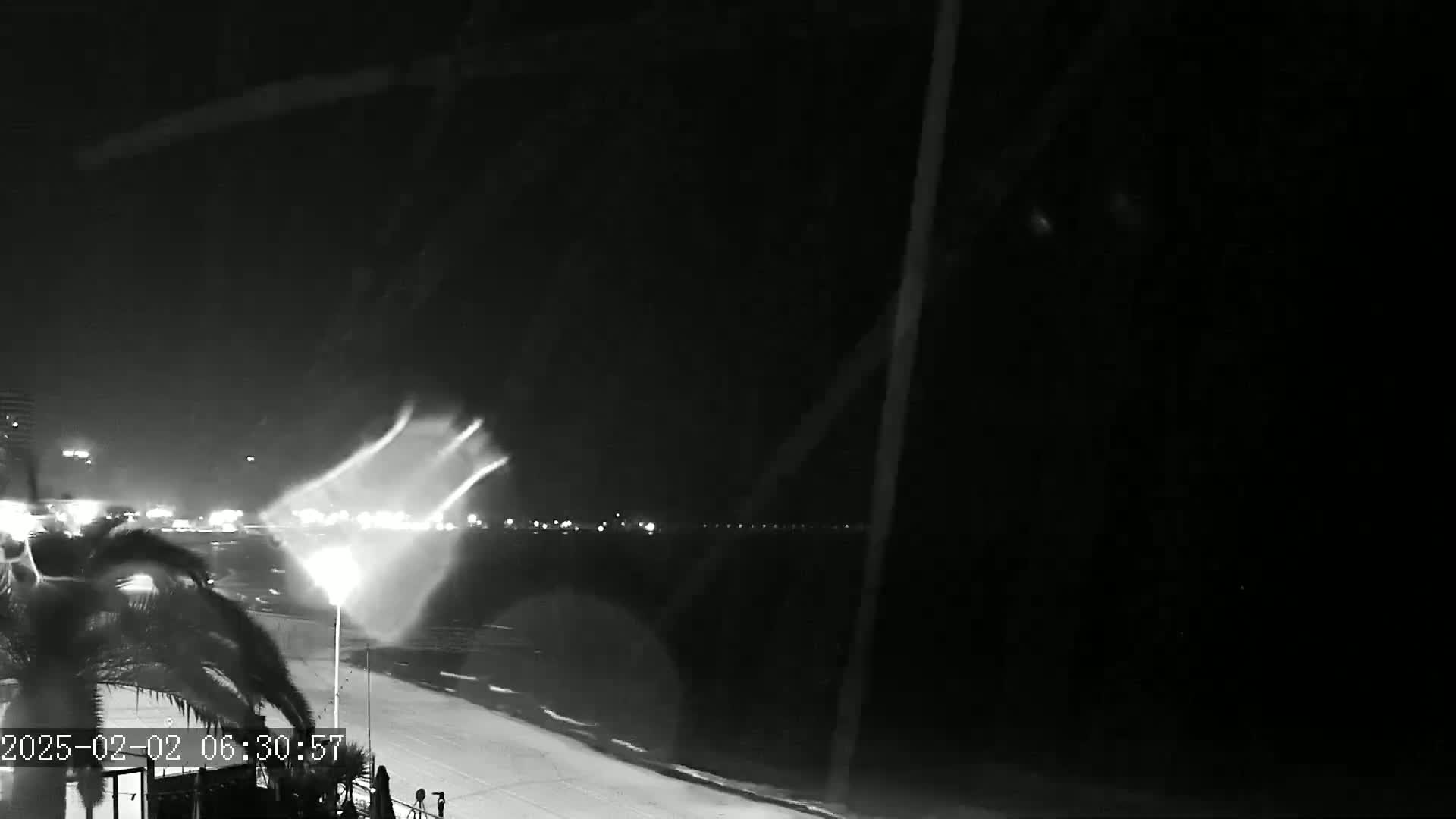 A nighttime, possibly rainy, view of a beach with palm trees, lights from buildings in the distance, and a mostly empty roadway.
