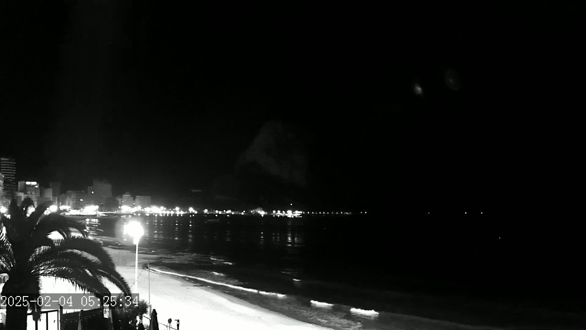 A nighttime view of a beach with a city skyline in the background, under a clear, dark sky.