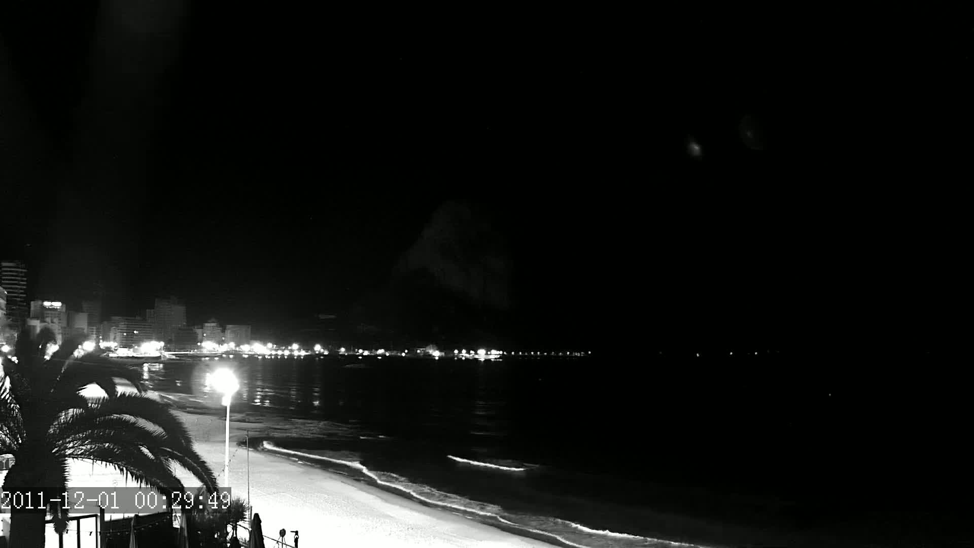 A nighttime, black and white view of a beach with a city skyline in the distance, under a clear, dark sky.