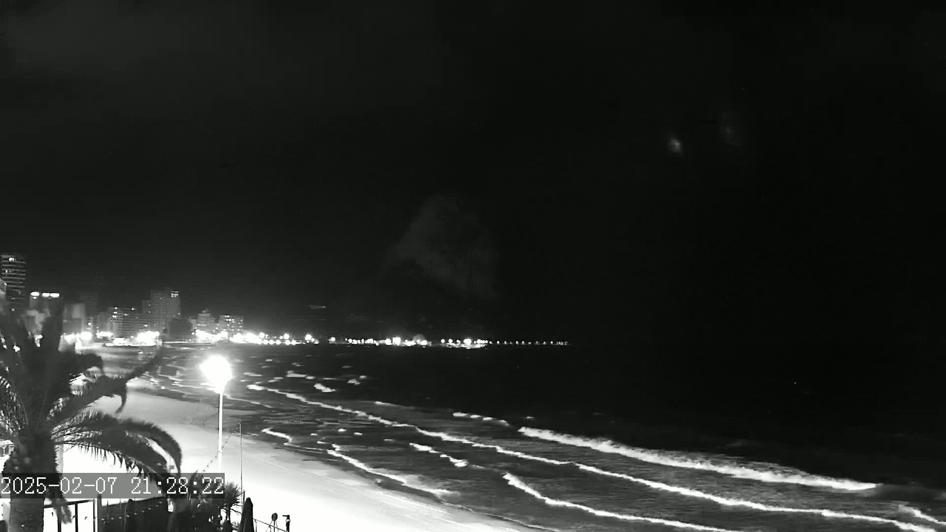 A nighttime beach scene shows gently rolling waves lapping a sandy shore under a clear, dark sky, with a cityscape faintly visible in the distance.