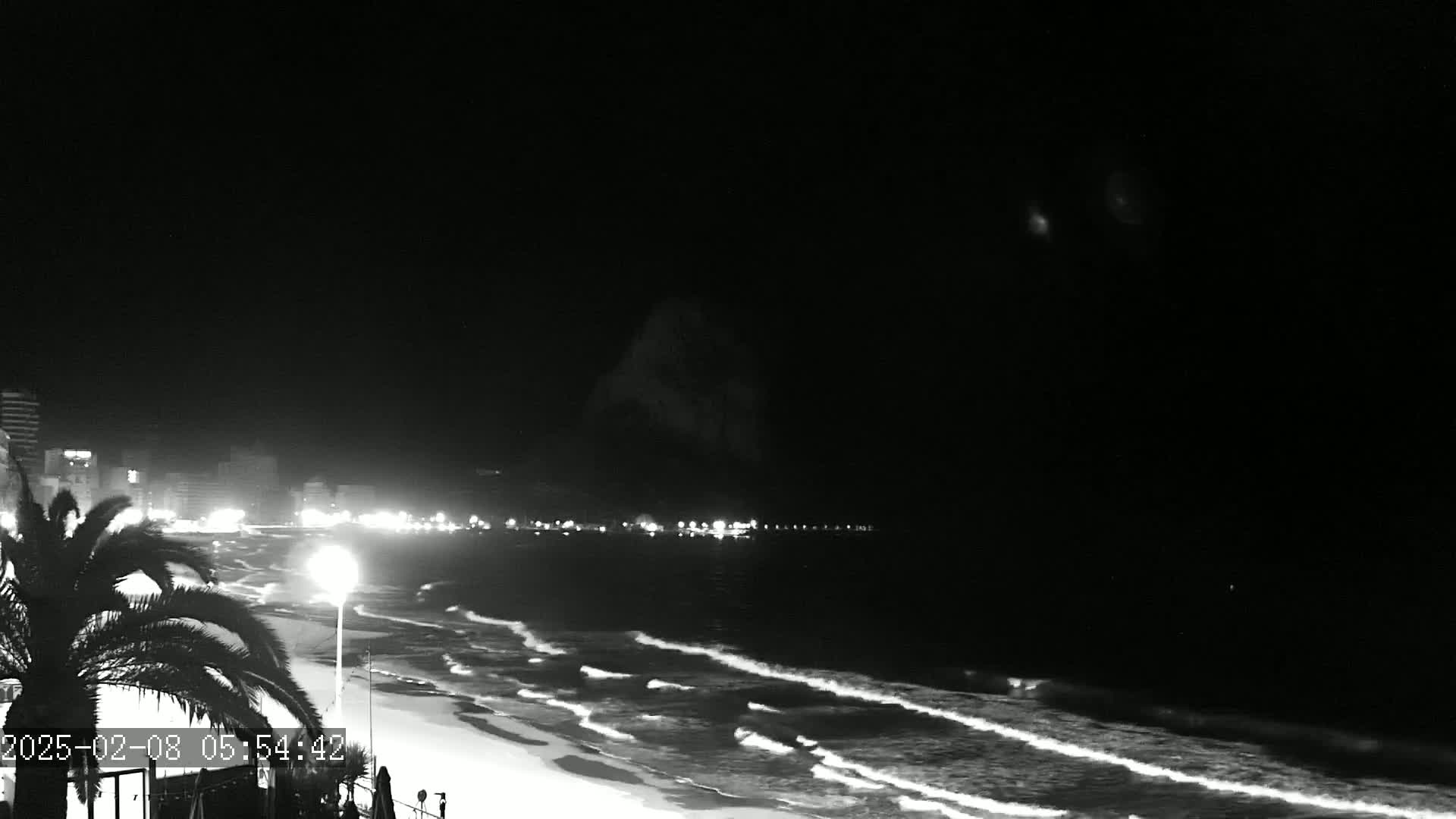 A nighttime, black and white view of a beach with gentle waves lapping the shore, illuminated by city lights in the distance.