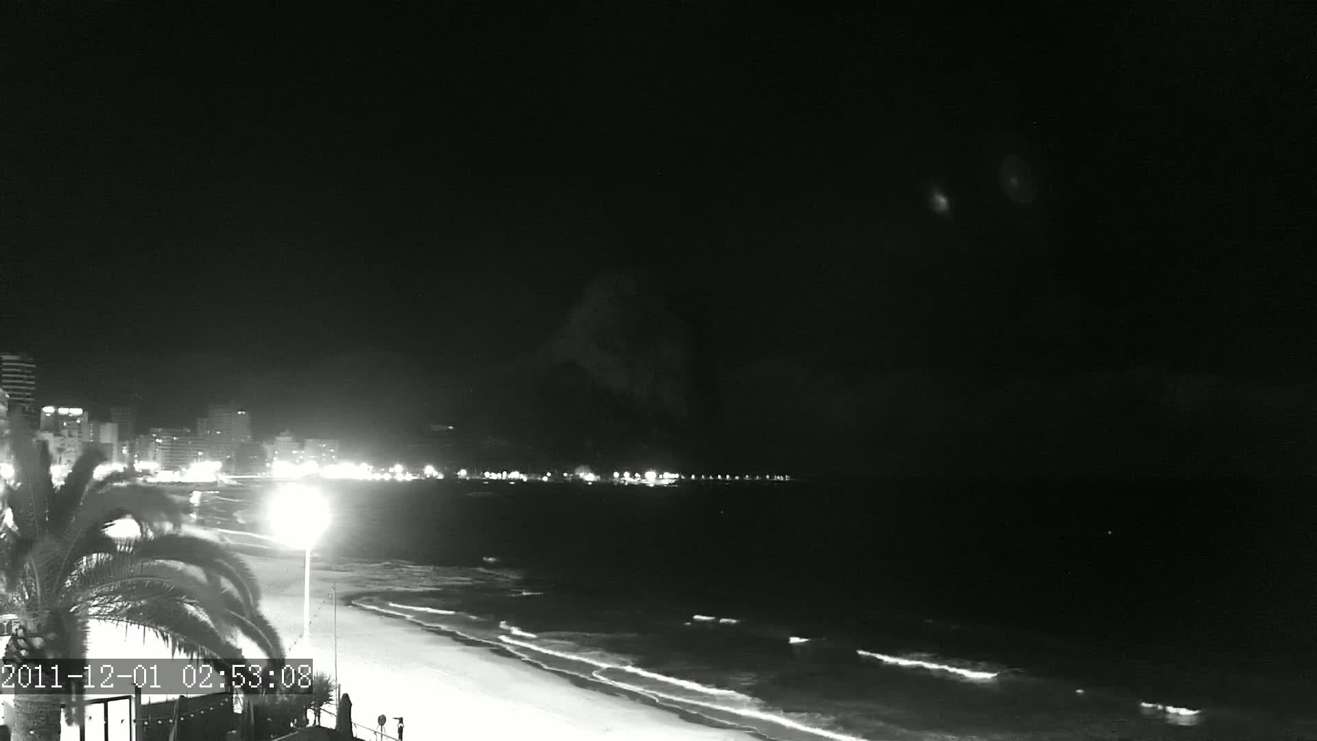 A nighttime beach scene shows a dark ocean with gentle waves lapping a sandy shore, lined with buildings and streetlights in the distance under a clear, dark sky.