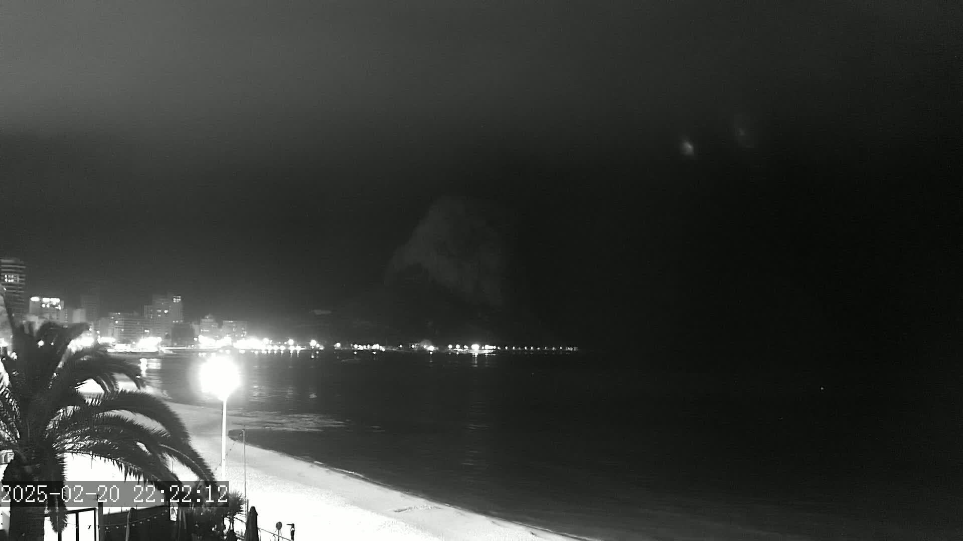 A nighttime, black and white view of a beach with a city skyline in the distance, under a dark, cloudy sky.