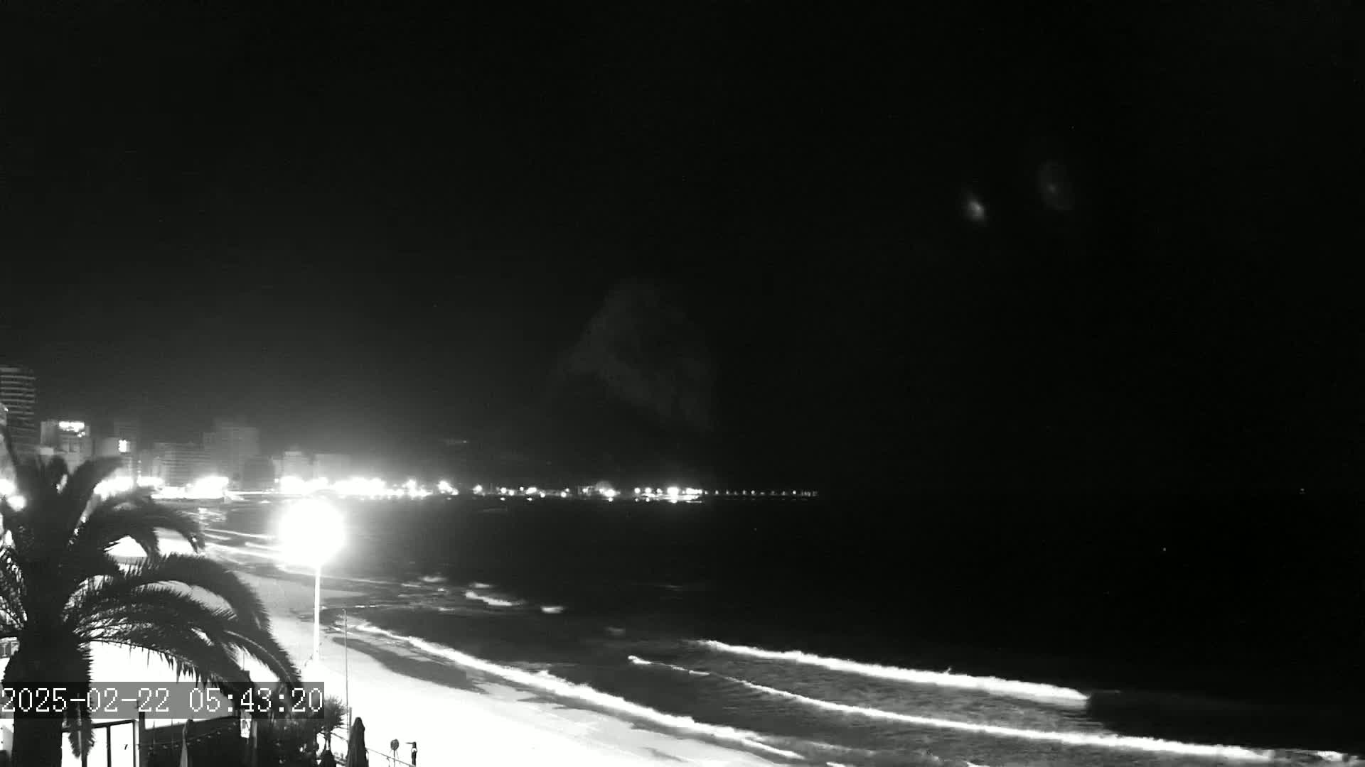 A nighttime beach scene shows gently rolling waves under a dark sky with a few faint lights visible in the distance.